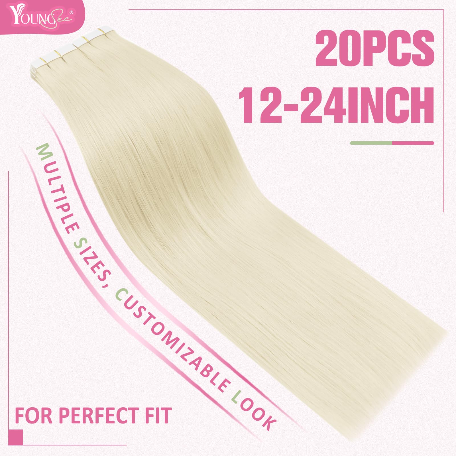 YoungSee Human Hair Tape in Extensions Platinum Blonde Tape in Hair Extensions Human Hair Platinum Blonde 16 Inch 20pcs Invisibl