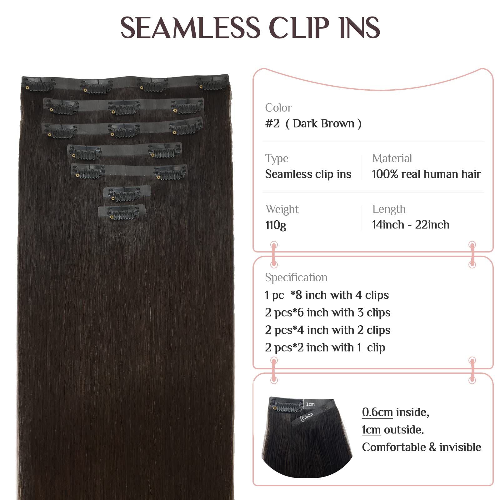 Clip In Hair Extensions Real Human Hair, Dark Brown 110G 7Pcs 18 Inch Maxita Seamless Hair Extensions Clip In Human Hair, Straig
