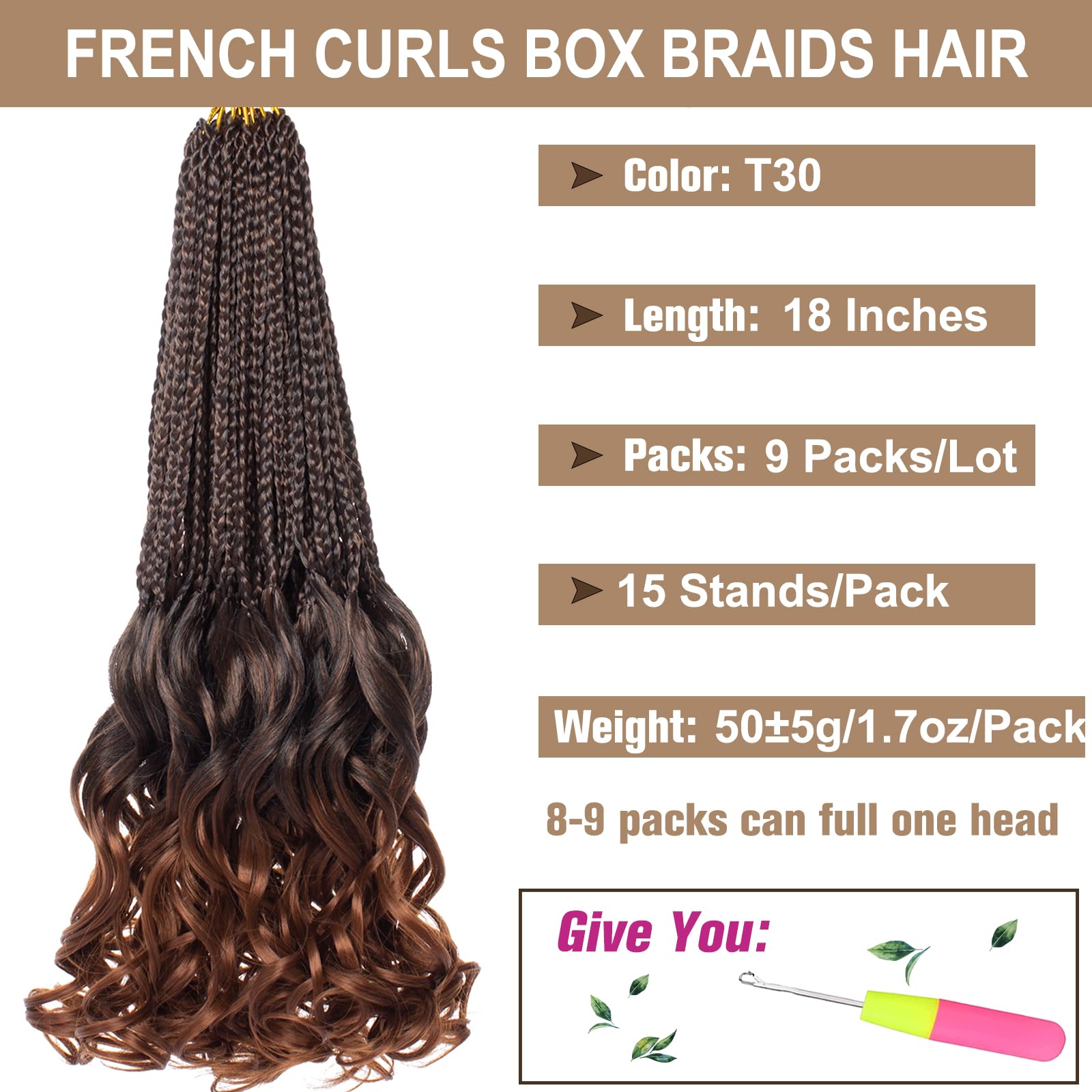 COOKOO 18 Inch Pre Looped French Curl Crochet Braids 9 Pack Ombre Brown French Curly Bouncy Braiding Hair With Curly Ends Pre-st