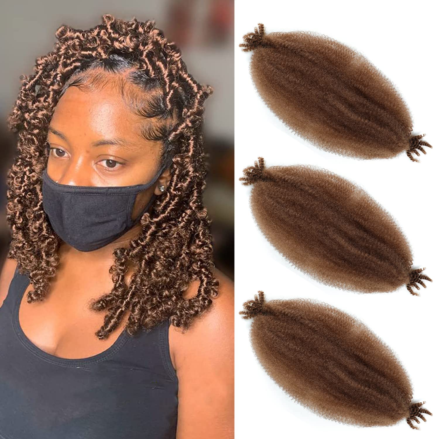 Springy Afro Twist Hair 16 Inch 3 Packs Dark Brown Color Pre Fluffed Marley Twist Braiding Hair for Black Women(16inch,30#)