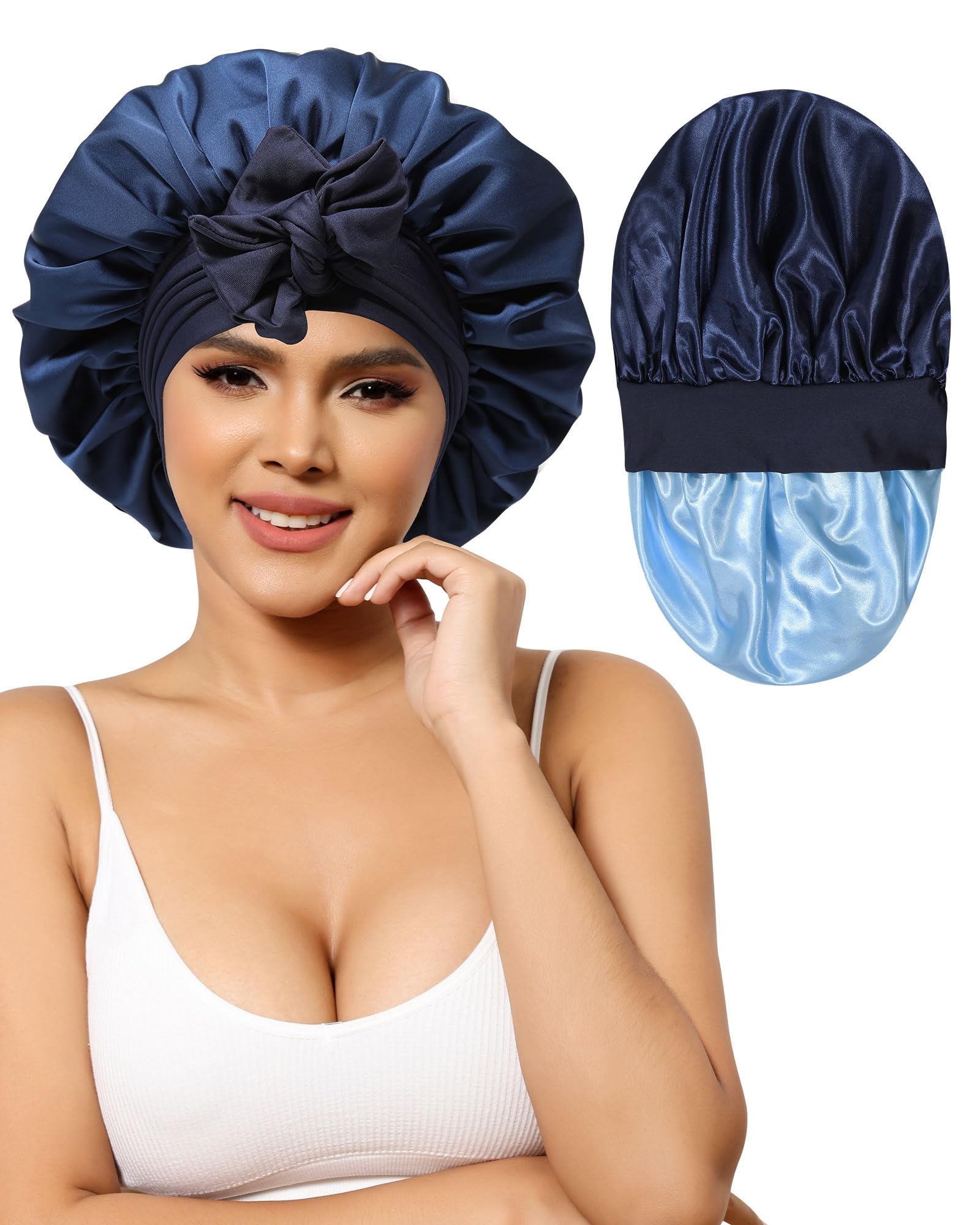 Satin Bonnet for Women Silk Bonnets for Sleeping Curly Hair Bonnet with Elastic Tie Band Reversible Double Layer Sleep Cap Hair 