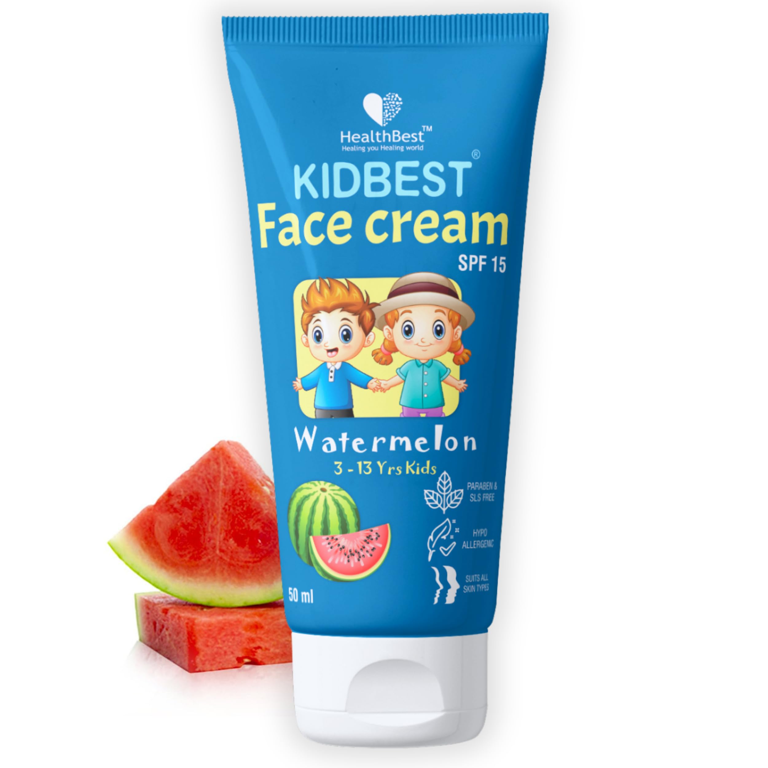 Healthbest Kidbest Face Cream For Kids, Spf 15, Safe For Sensitive Skin & Unscetened, Tear, Paraben, Sls Free, Watermelon Flavor