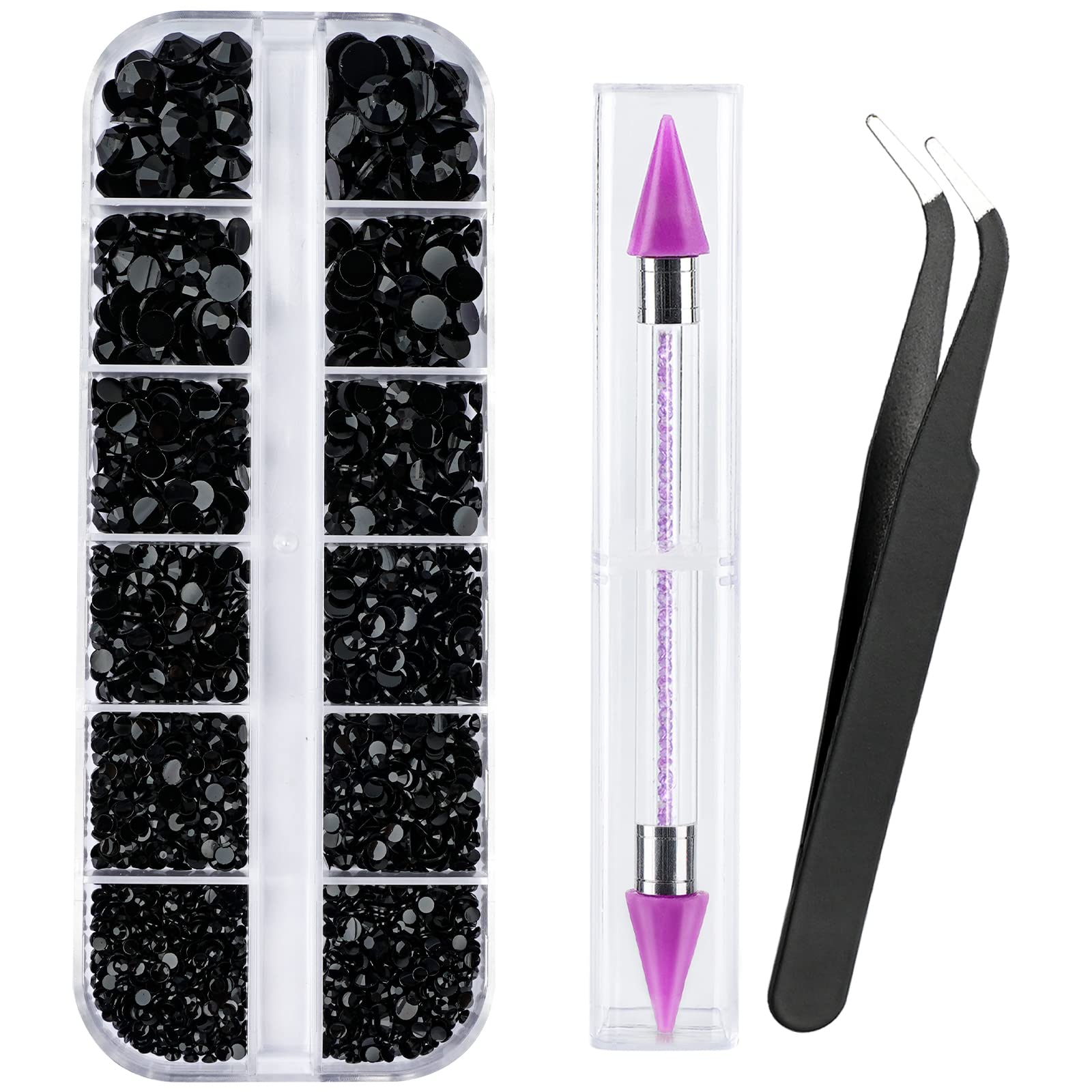 Canvalite 1500PCS Black Rhinestones Flat Back Gems, Nail Rhinestones Nail Art Gems with Pick Up Tweezers and Rhinestone Picker D