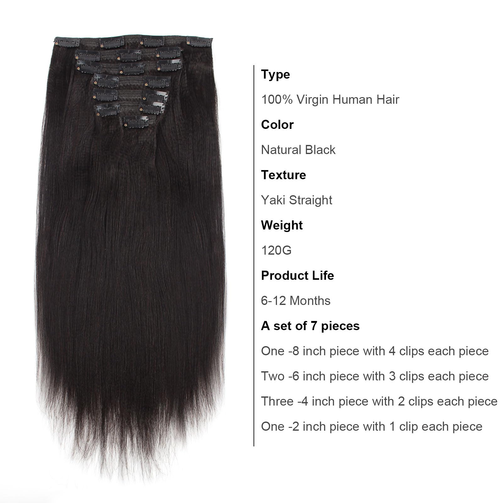 ABH AmazingBeauty Hair Yaki Straight Clip Hair Extensions Human Hair Real Remy Thick Yaki Clip in for African American Relaxed H