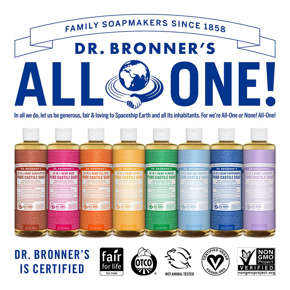 Dr Bronneras - Pure-Castile Liquid Soap (Peppermint, 16 Ounce) - Made With Organic Oils, 18-In-1 Uses: Face, Body, Hair, Laundry