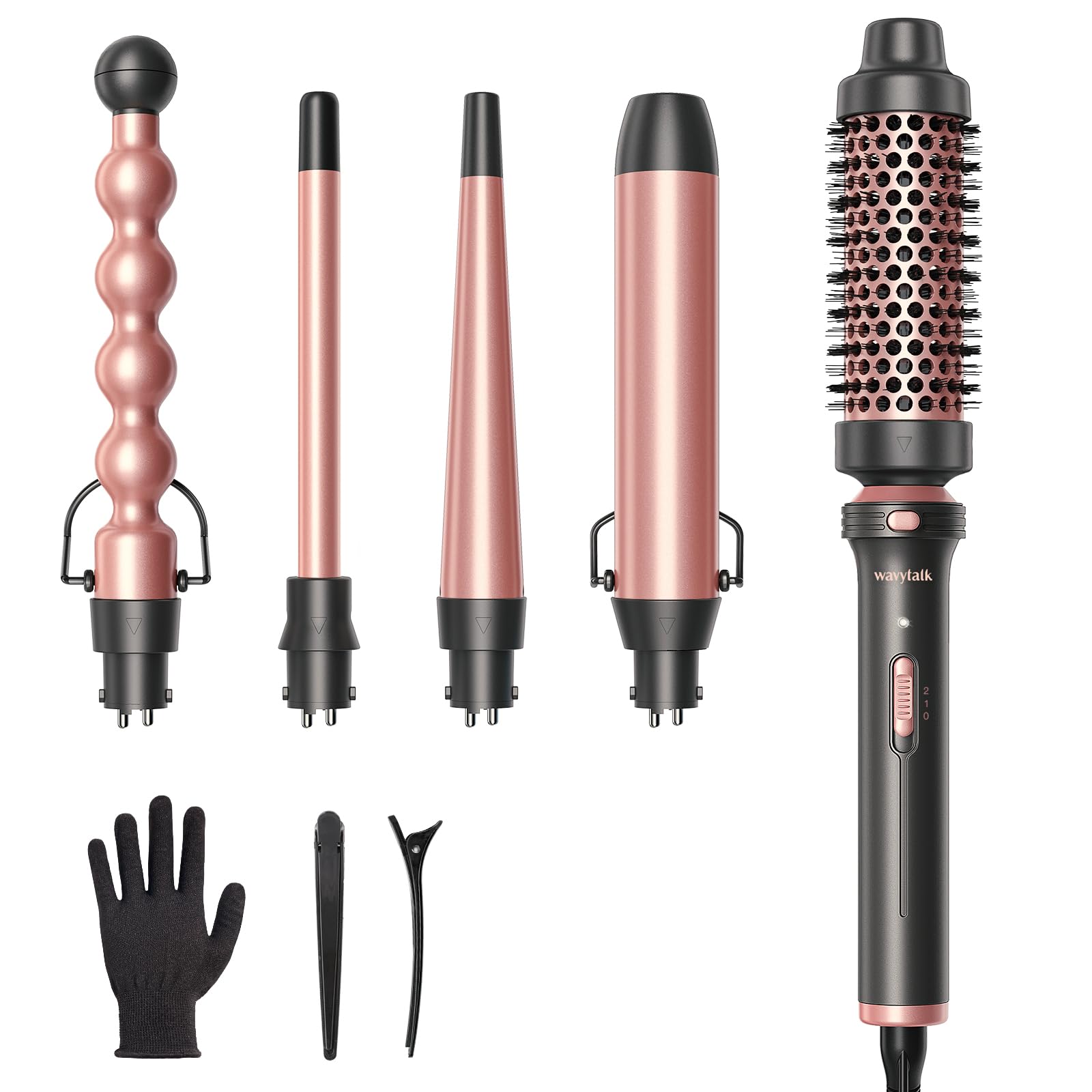 Wavytalk 5 in 1 Curling Iron Set - Ceramic Curling Wand (0.5”-1.25”), Rose Gold, Includes Heat Protective Glove & Clips