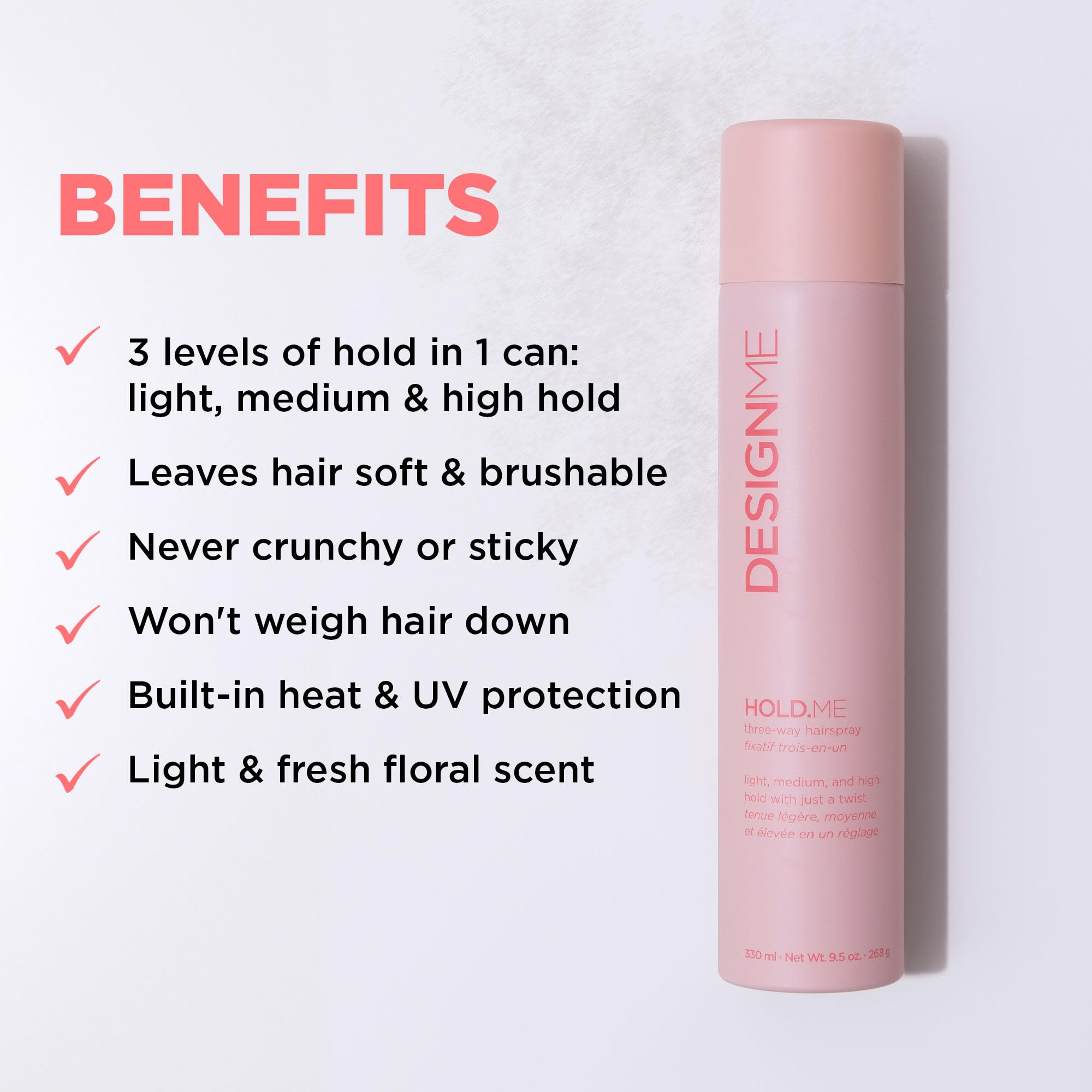 Hold.Me Three-Way Hairspray By Designme | Hairspray With Light, Medium, & High Hold Options | Extra Hold Hair Spray With Thermal