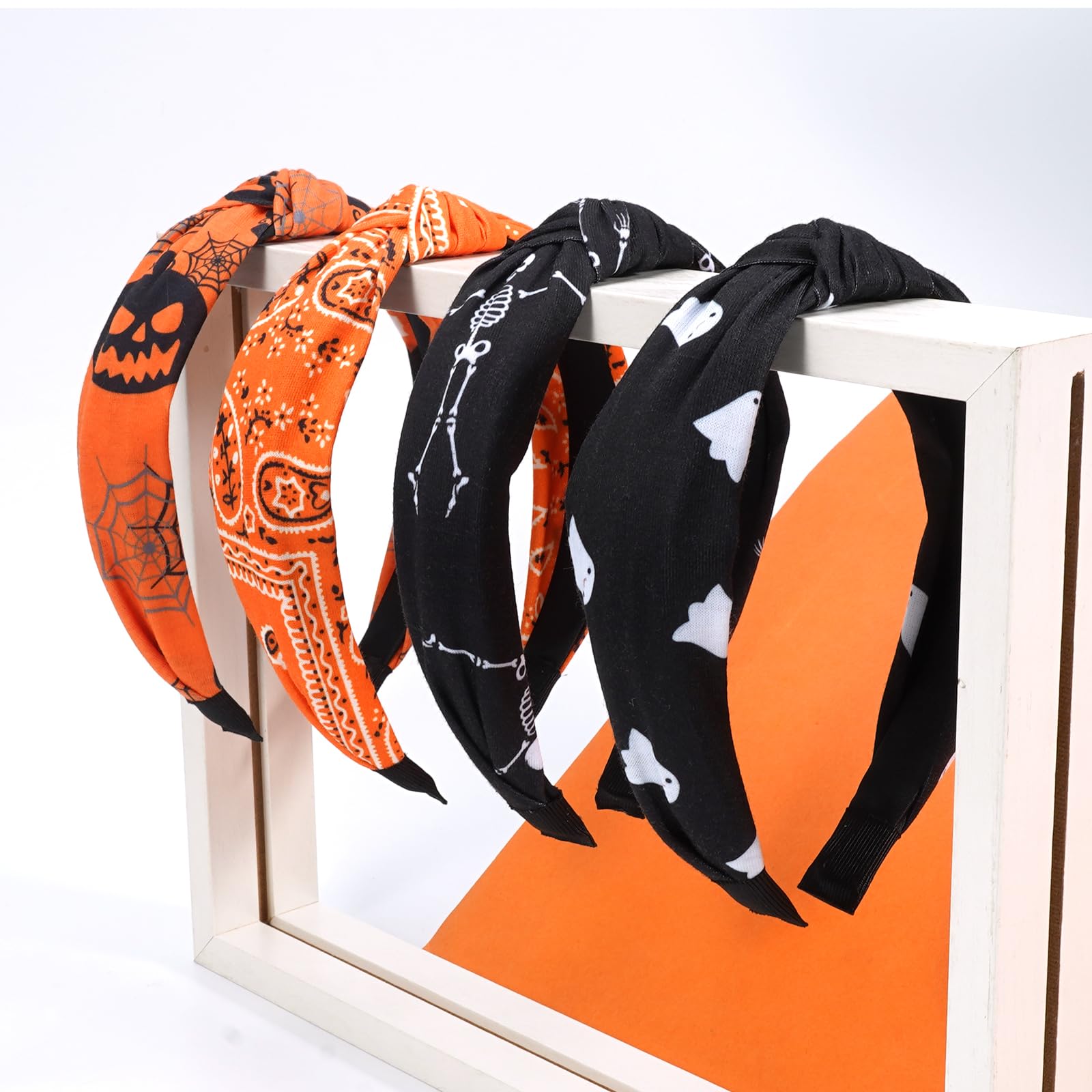 Bookay 4pcs Halloween Headbands Skeleton Skull Ghost Pumpkin Wide Knot Heabdands for Women Girls Orange Bandana Hairbands Fall H