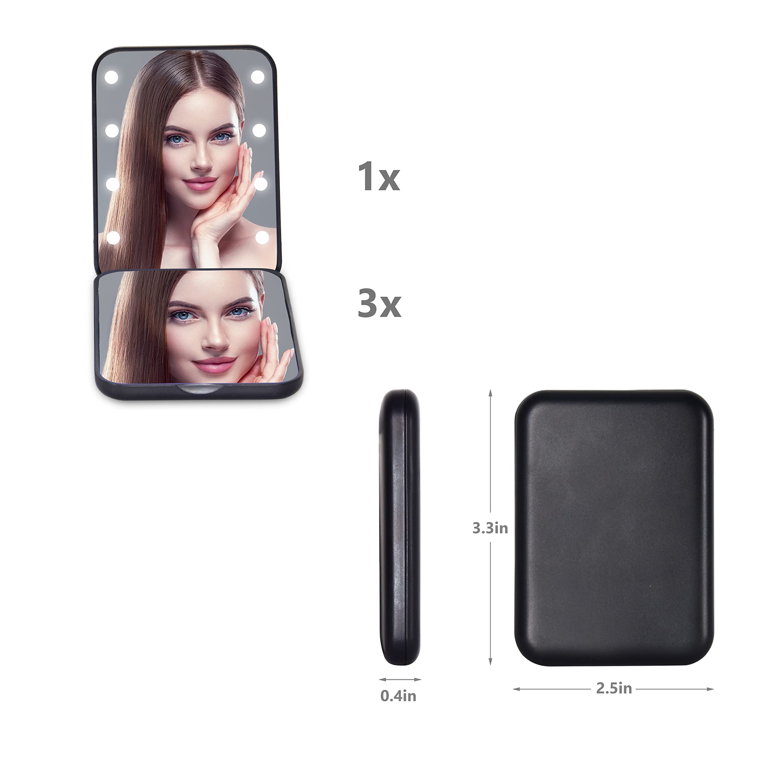 Kintion Pocket Mirror, 1X/3X Magnification Led Compact Travel Makeup / Purse Mirror With Light, , 2-Sided, Portable, Folding, Ha