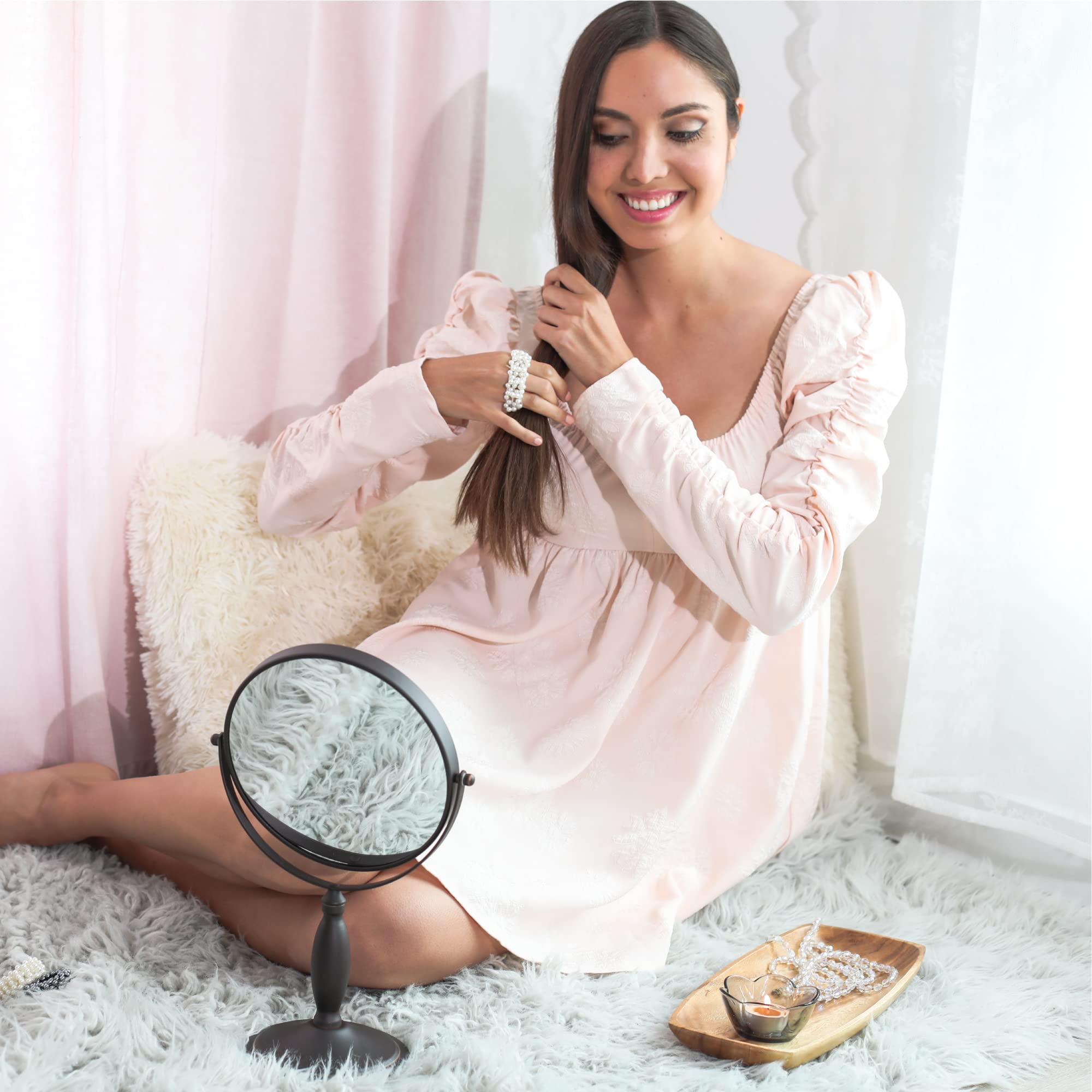 Ovente 8'' Tabletop Makeup Mirror, 1X & 7X Magnification, Adjustable Spinning Double Sided Round Magnifier, Modern D?Or For Offi