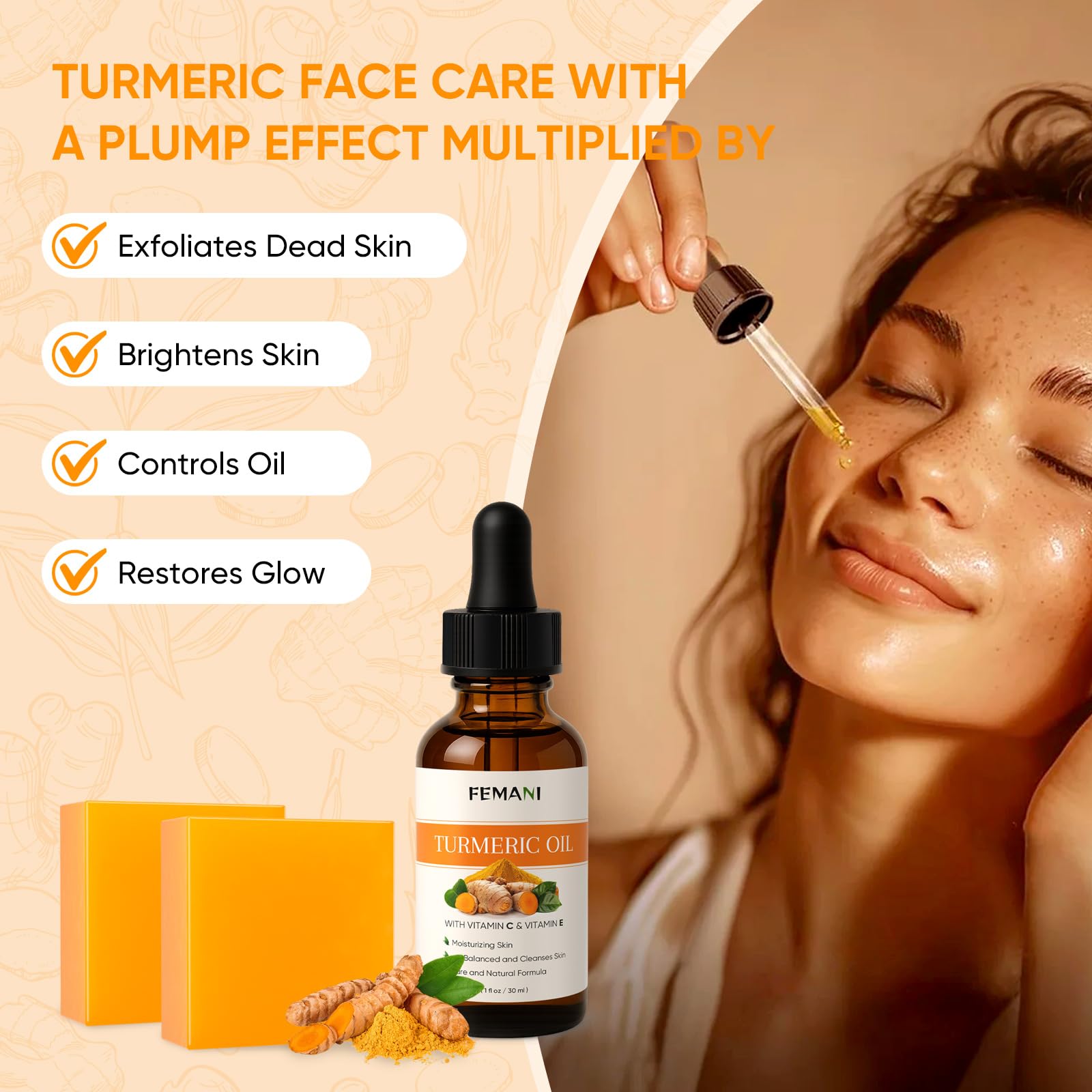 2 PCS Natural Turmeric Soap Bar for Face & Body Cleanser and Turmeric Oil, Nautral Ingredients Turmeric Wash and Care Set, Sooth