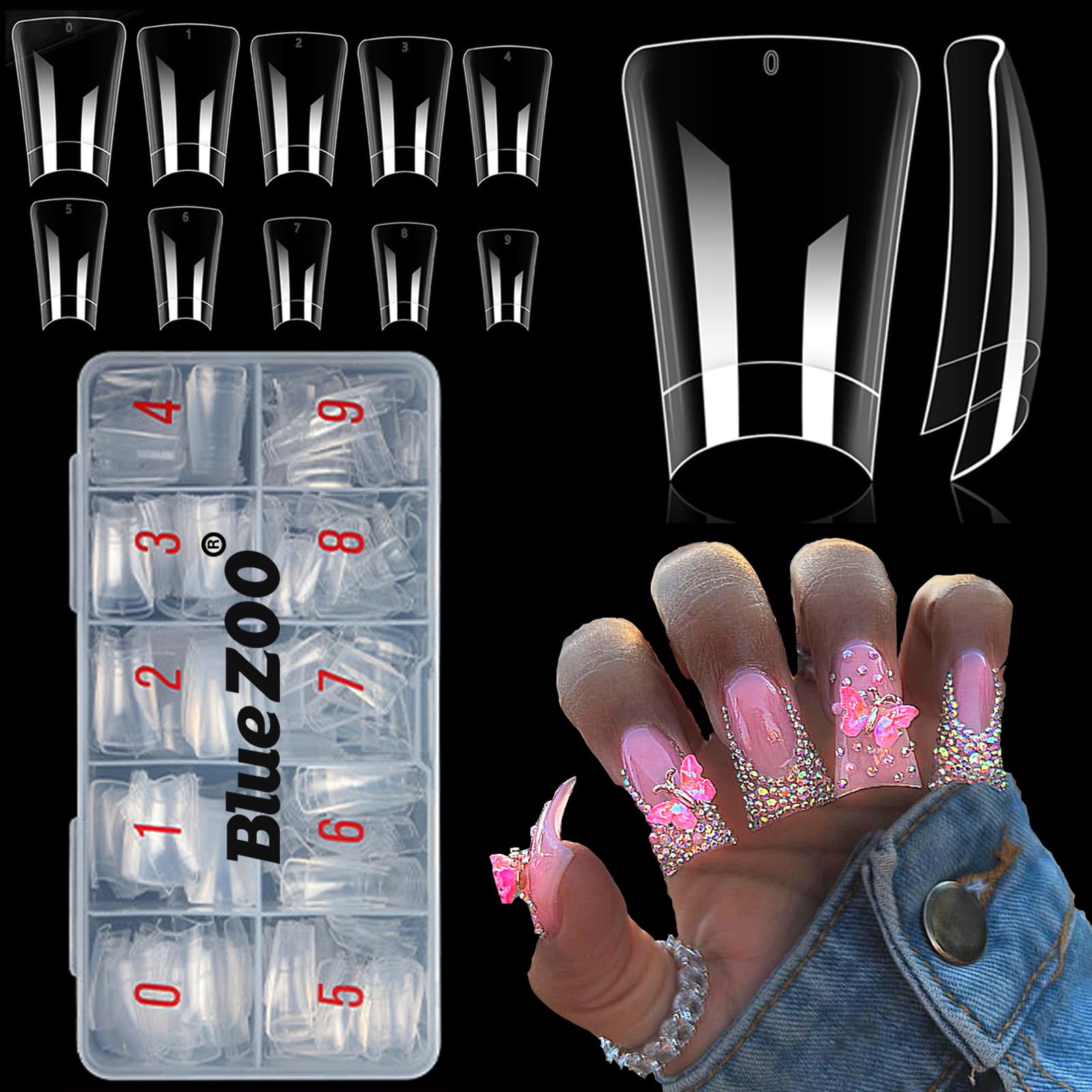 BlueZOO Duck Nail Tips, 500Pcs Clear C Curve False Nail Tips for Acrylic Nails, Gel X Half Cover Wide French Nails 10 Sizes, Y2K