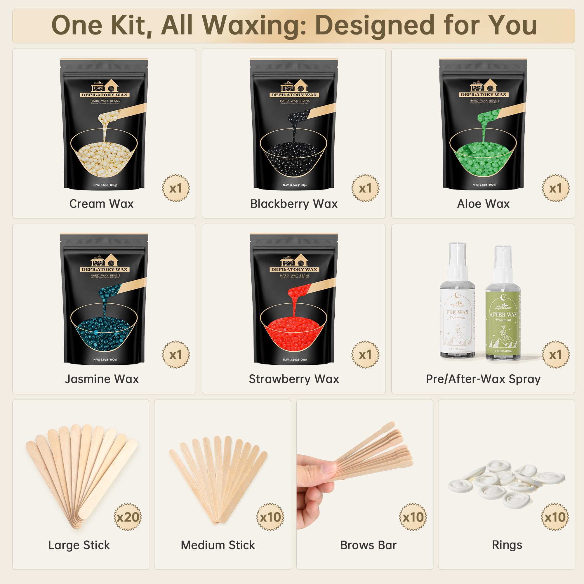 Lifestance Wax Beads Set, 5 Kinds Of Waxing Beads, Hard Wax Beans With 57 Items Silicone Spatulas, Perfect For Any Wax Warmers,