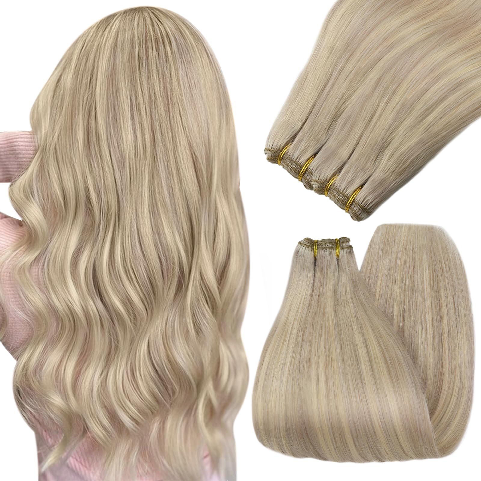 YoungSee Sew in Hair Extensions Real Human Hair, Blonde Highlight Hair Weft Extensions, Warm Ash Blonde Highlights Bleach Blonde