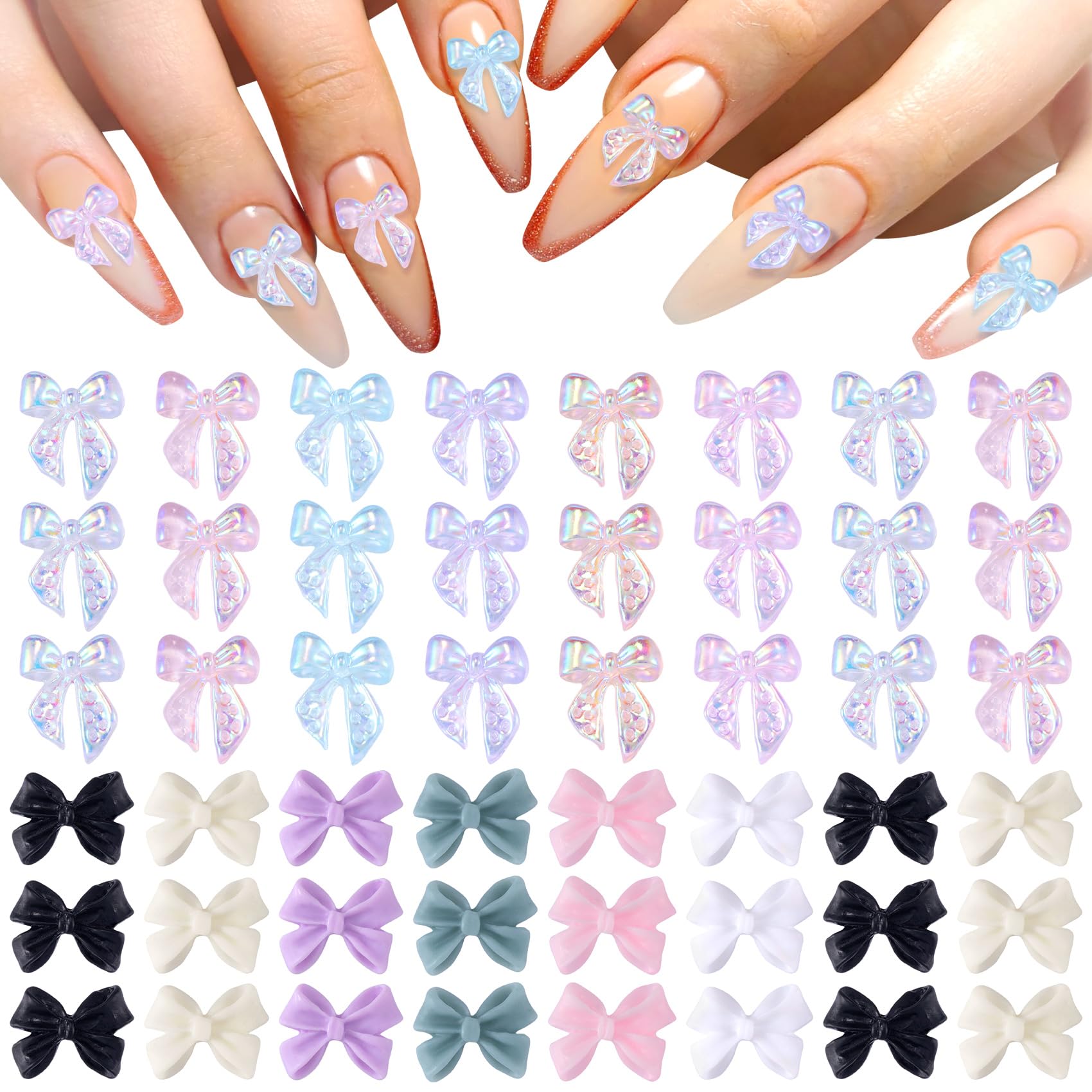 HINZIC 240 Pcs Aurora Bow Nail Charm Iridescent Ribbon Nail Bow Glitter Resin 3D Nail Pearl Rhinestone Valentines Wedding Prom B