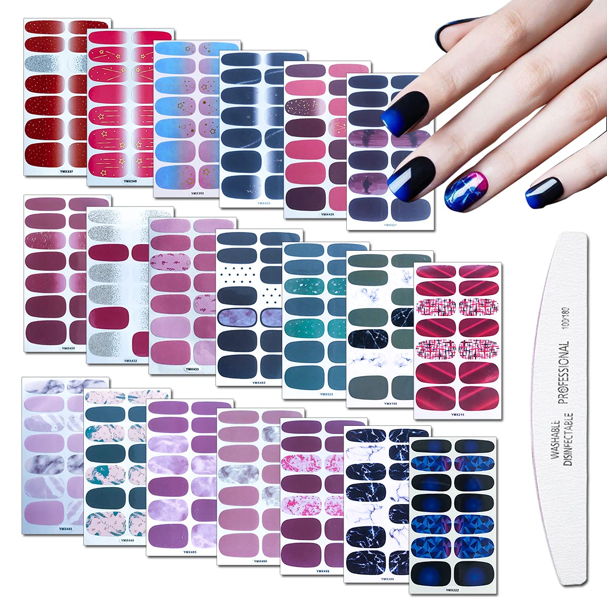WOKOTO 20 Sheets Full Wraps Nail Art Polish Stickers Strips Set with 1Pc Nail File Gradient Adhesive Nail Decals Design Manicure