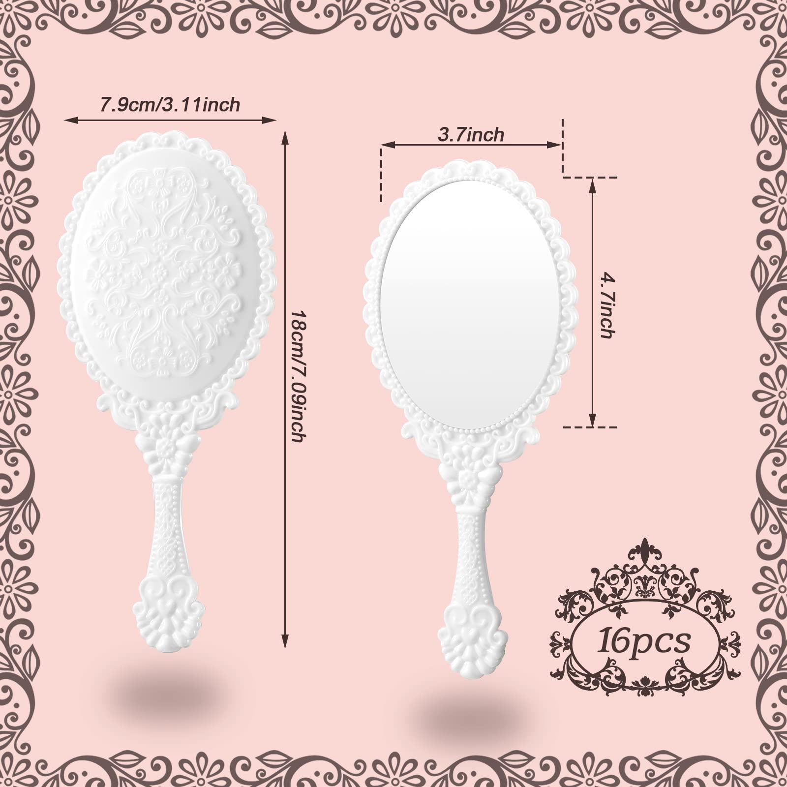 Yalikop 16 Pcs Vintage Handheld Mirror Small Cute Embossed Princess Mirror for Women Princess Party Favors Travel Makeup(White)