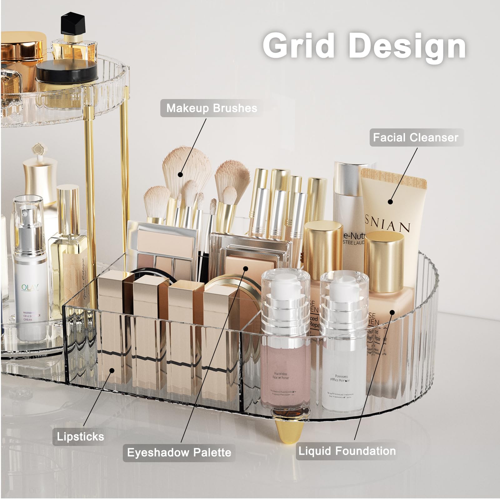 Lulltou Rotating Makeup Organizer Countertop For Vanity, 2-In-1 Cosmetic Organizer And Storage Holder, Large Desk Makeup And Ski