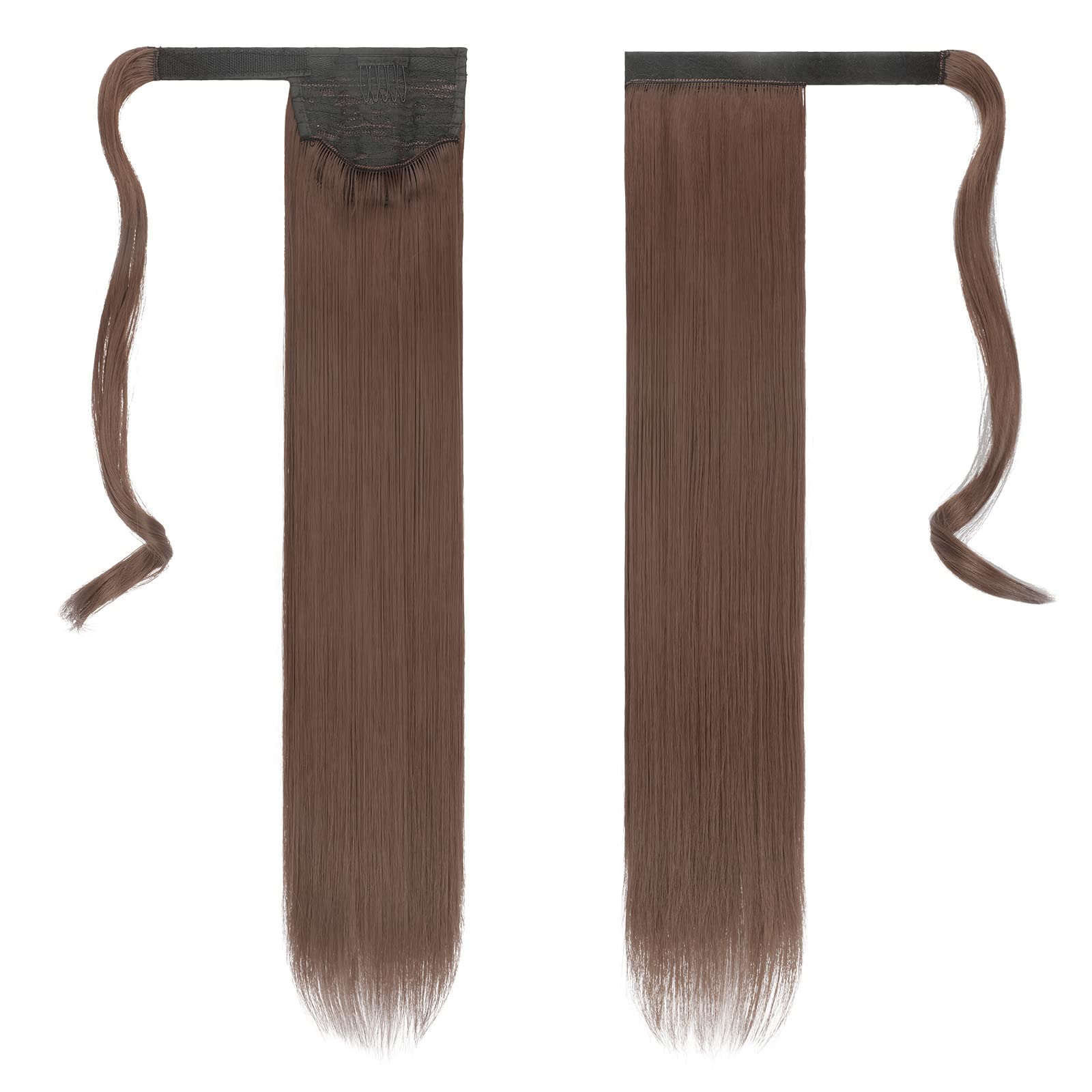 Feshfen Straight Long Ponytail Extensions 28 Inch Wrap Around Synthetic Hair Piece Light Golden Brown Pony Tail Hair Ponytails H