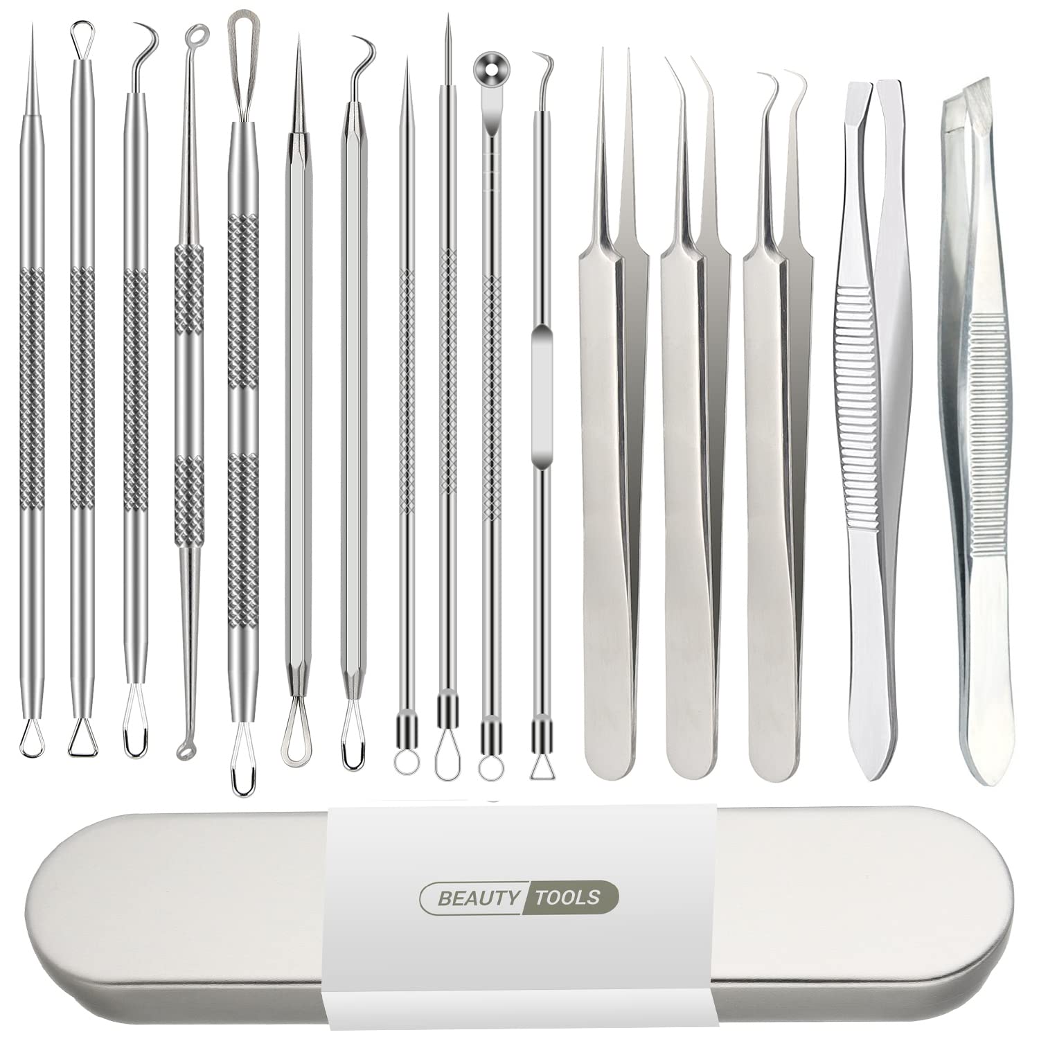 Pimple Popper Tool Kit, Blackhead Remover Tools, 16 PCS Professional Stainless Tweezers Acne Comedone Extractor Pimple Needle To