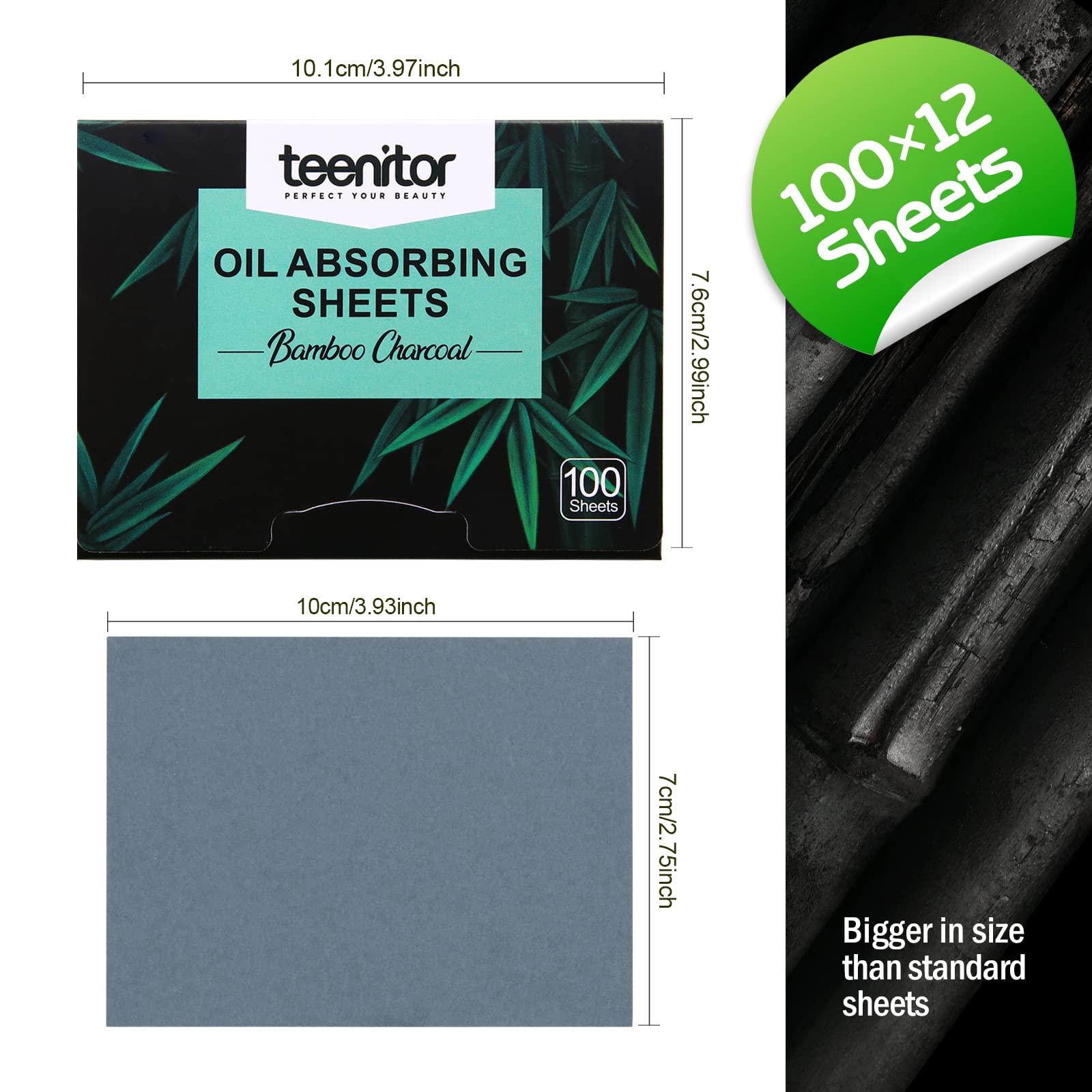 1200 Sheets Natural Blotting Paper for Oily Skin with Bamboo Charcoal, Oil Blotting Sheets for Face, Makeup Blotting Paper, 3 7/