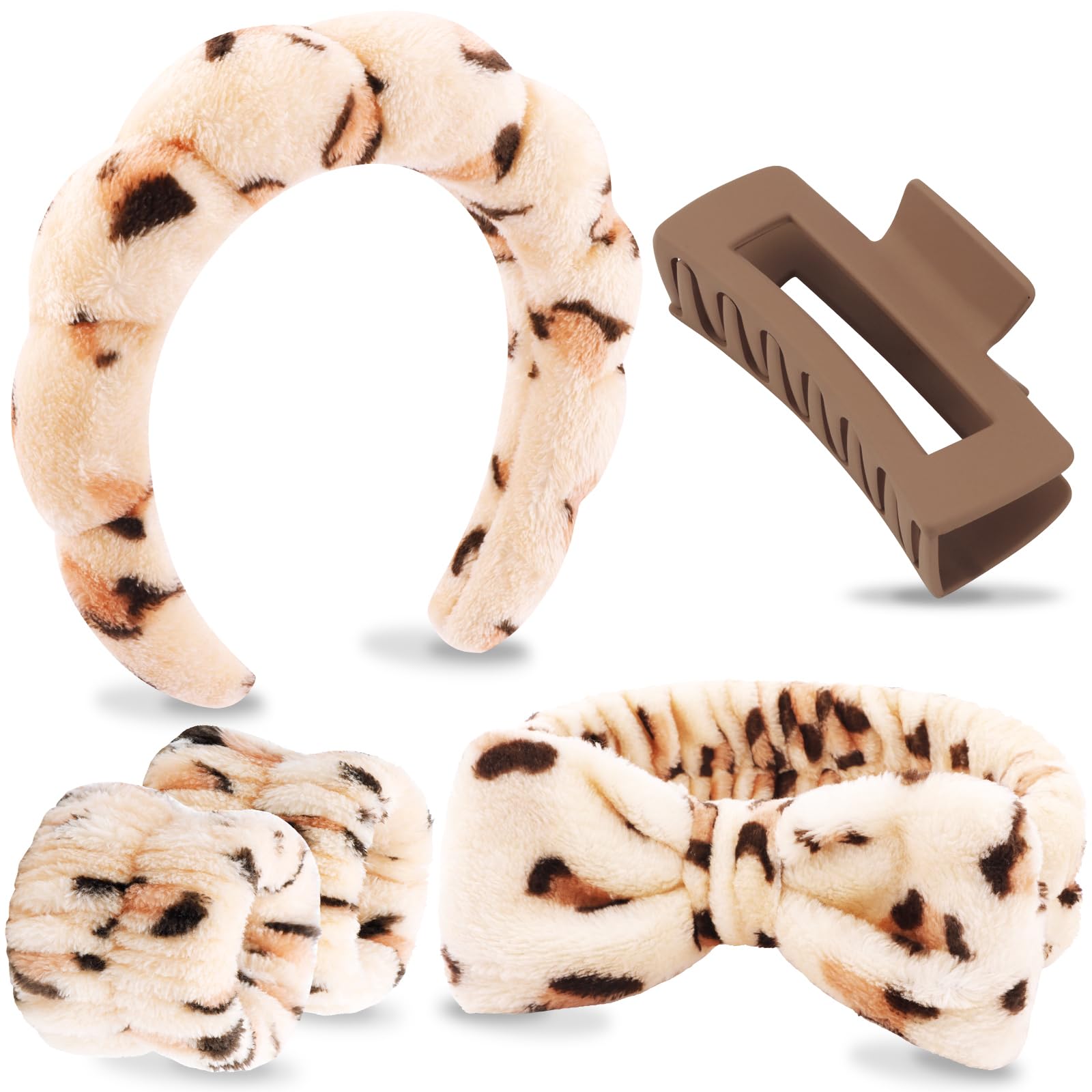 VELSCRUN 5 Pcs Brown Leopard Puffy Sponge Spa Headband Bow Tie Hair Band Hair Clips Wristband Set, Spa Headbands for Wash Face, 