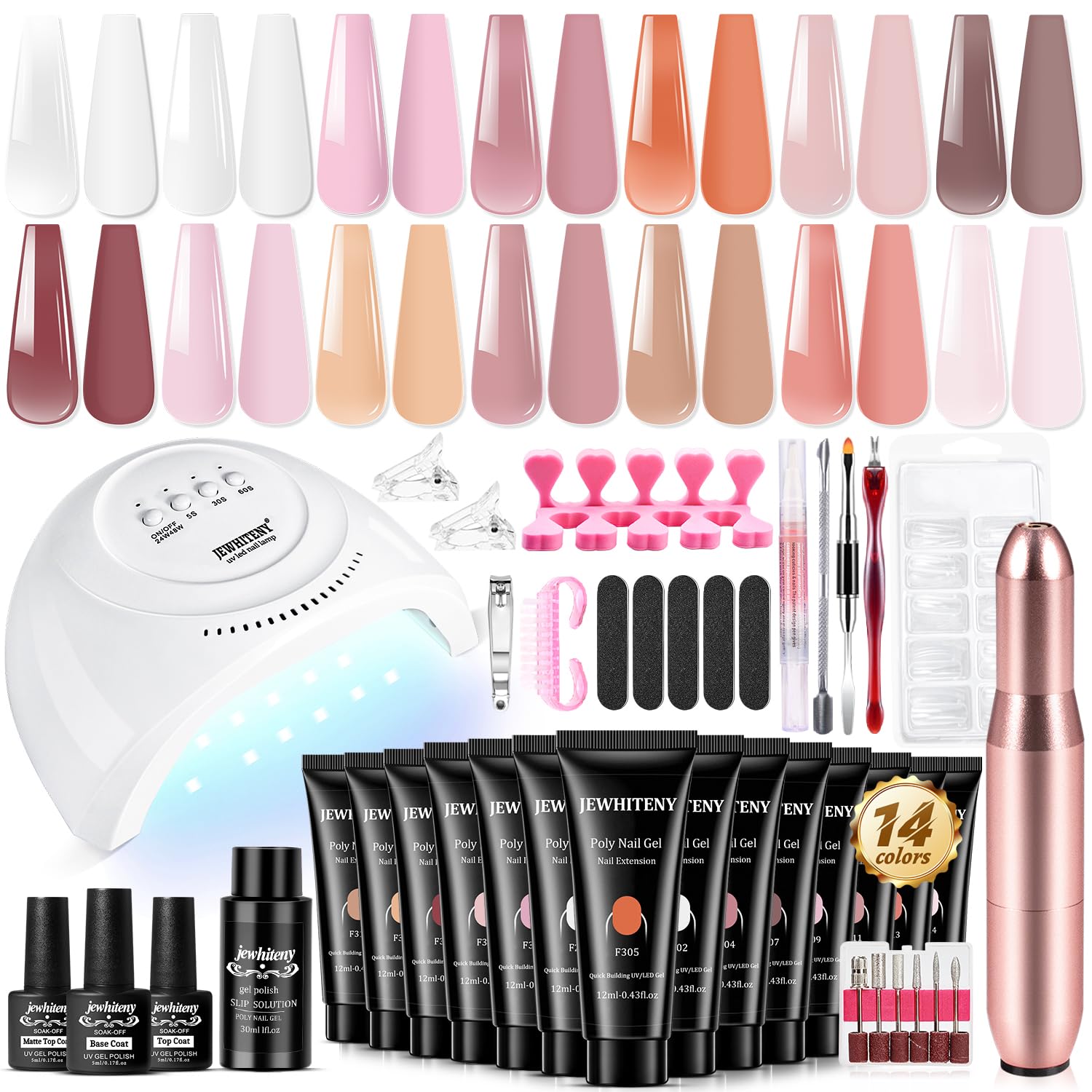 JEWHITENY 14 pcs Poly Gel Nail Extension Kit With Nail Drill Machine U V Nail Light ALL In One Polygel Nail Kit Starter Kit