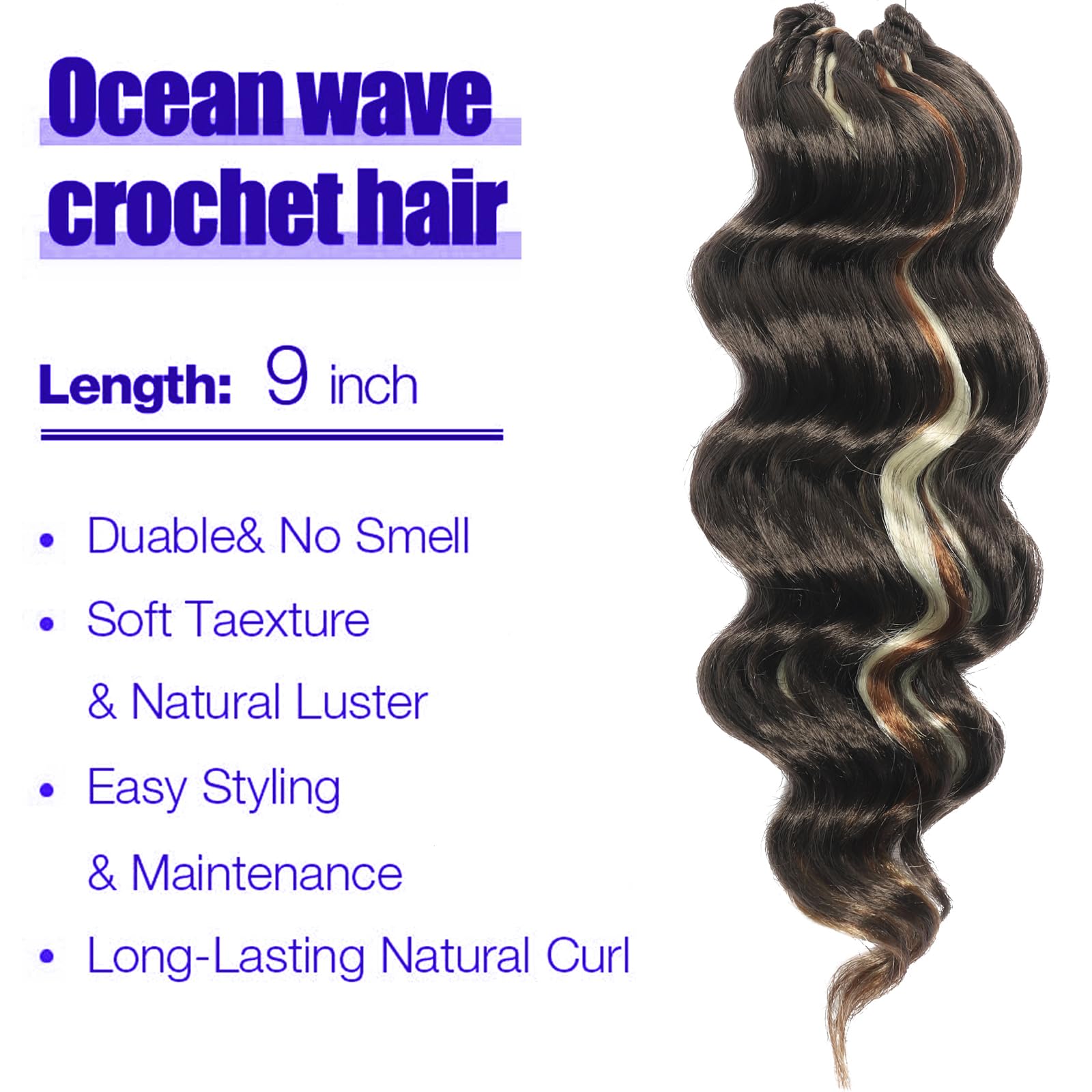 Brown Mixed Blonde Ocean Wave Crochet Hair Pre Looped 9 Inch Curly Braiding Ocean Wave Hair 7 Packs Deep Wave Short Wavy Ocean W