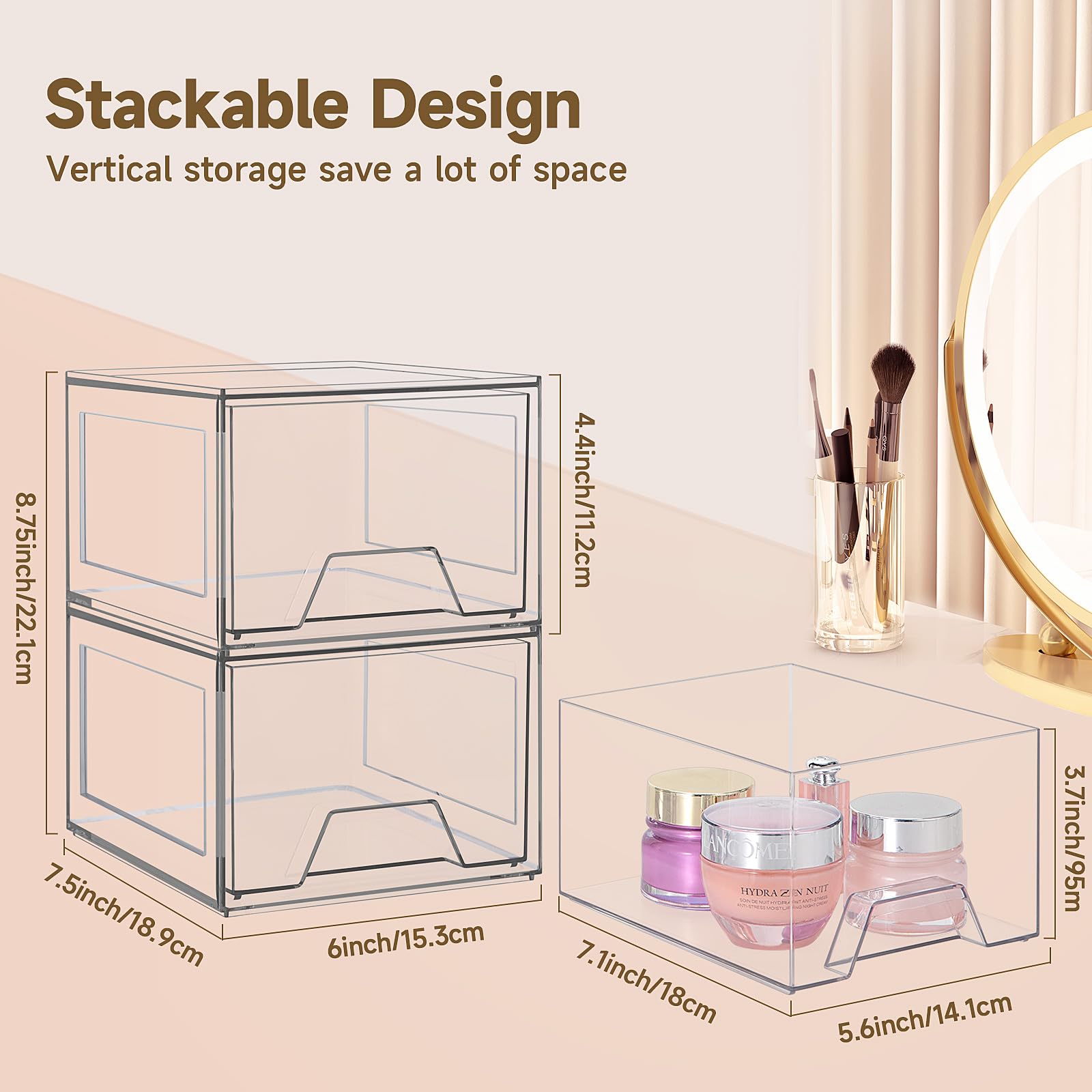 Damomo 4 Pack Stackable Organizer Drawers, Clear Bathroom Makeup Organizer And Storage, Acrylic Plastic Organizers Bins For Vani