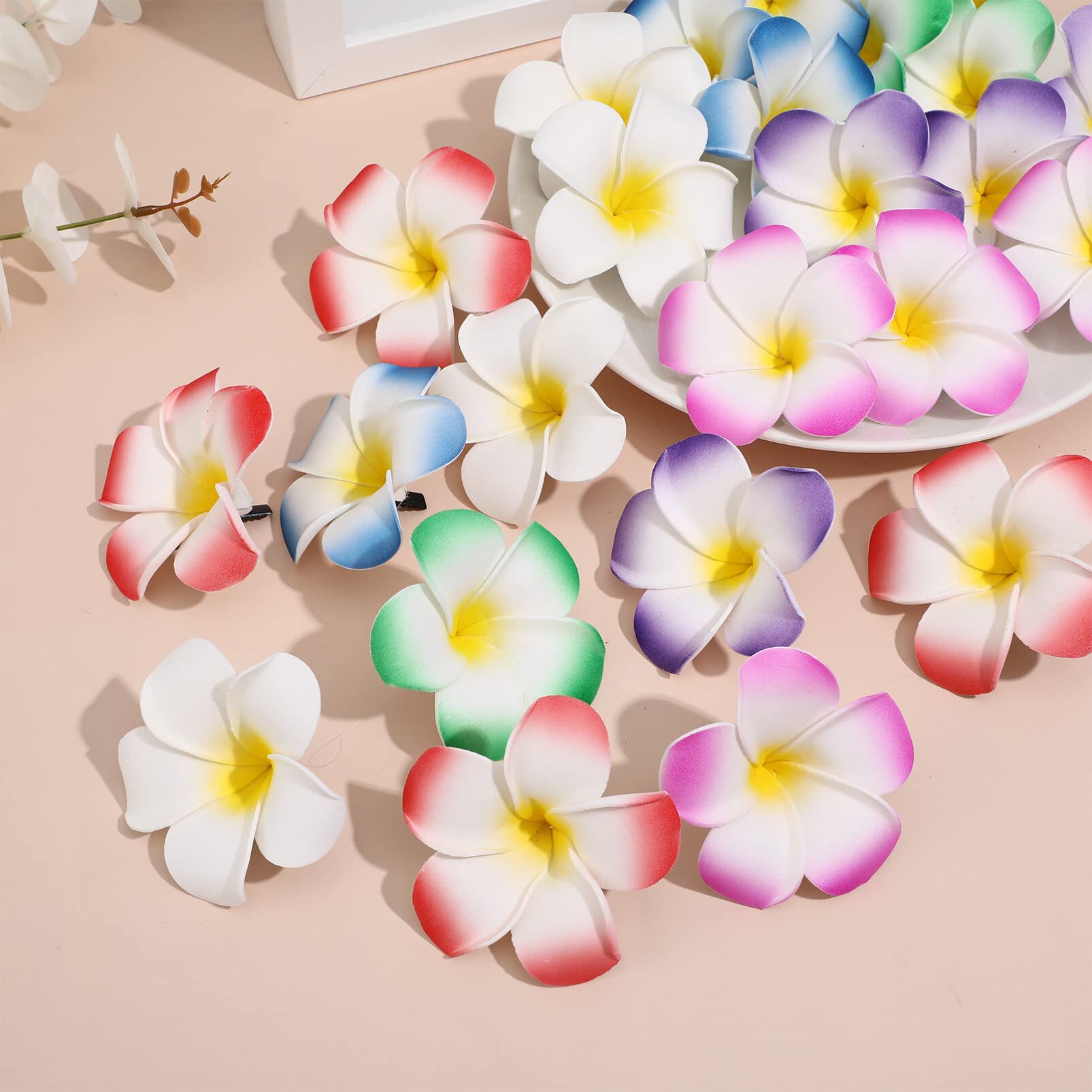 minkissy Hawaiian Flower Hair Clips 24Pcs Artificial Plumeria Flower Clips Frangipani Hair Accessories for Bridal Wedding Beach