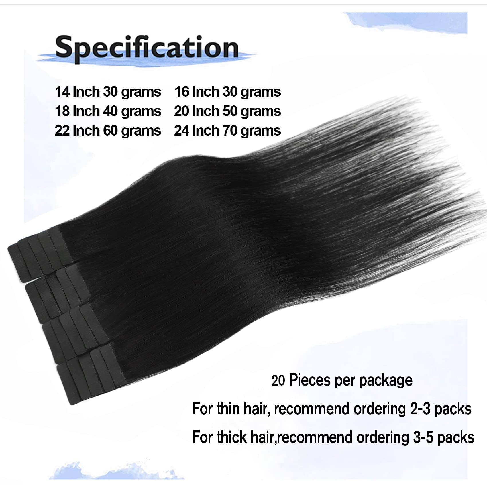 Tape In Hair Extensions 1 Jet Black 100% Remy Human Hair Extensions Silky Straight For Fashion Women 20 Pcs/Package(14Inch 1 30G