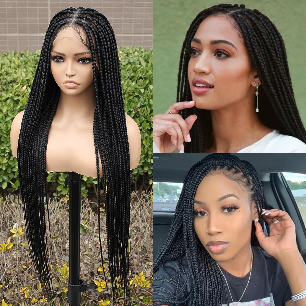 KRALER 36 inch Braided Wigs for Black Women, Knotless Box Braid Wig Glueless Full Double Lace Square Based Micro Box Braids Wig