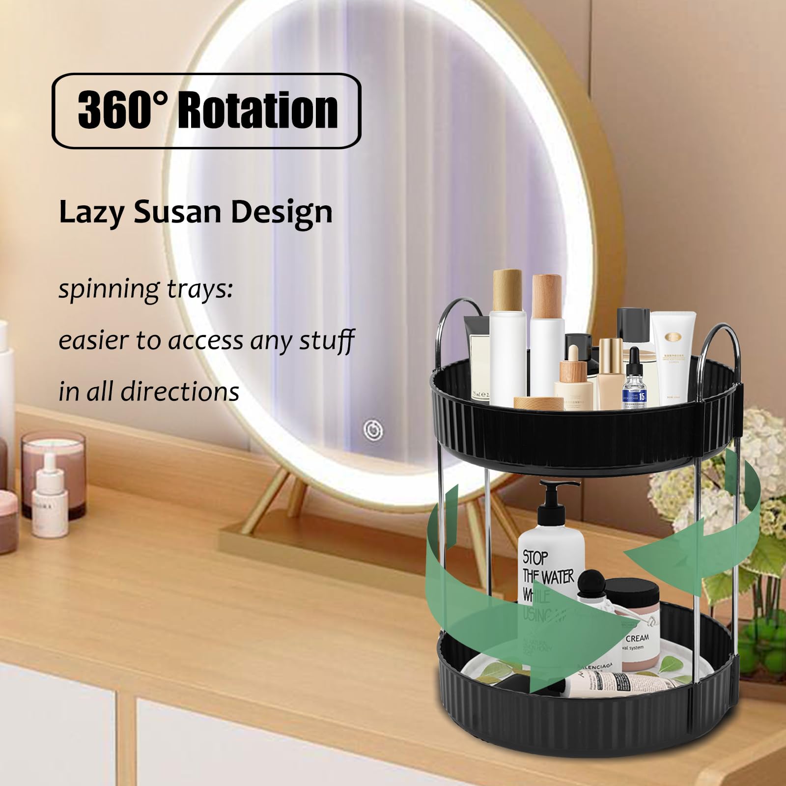 Zufudo Rotating Makeup Organizer Countertop 2 Tier Lazy Susan Trays Spinning Skincare Perfume Storage For Bathroom Counter Vanit