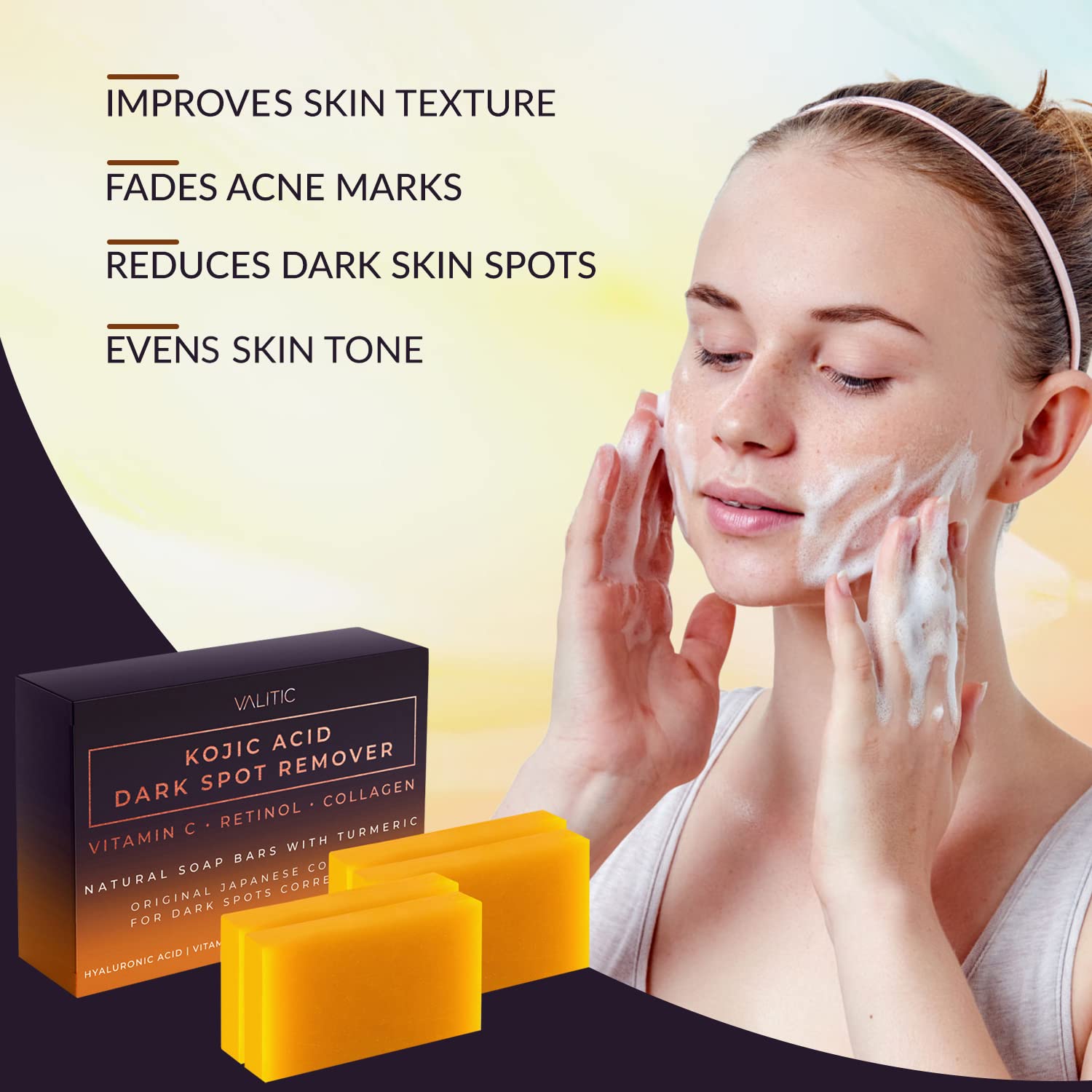 Valitic Kojic Acid Dark Spot Remover Soap Bar With Vitamin C, Retinol, Collagen, Turmeric - Original Japanese Complex - Hyaluron