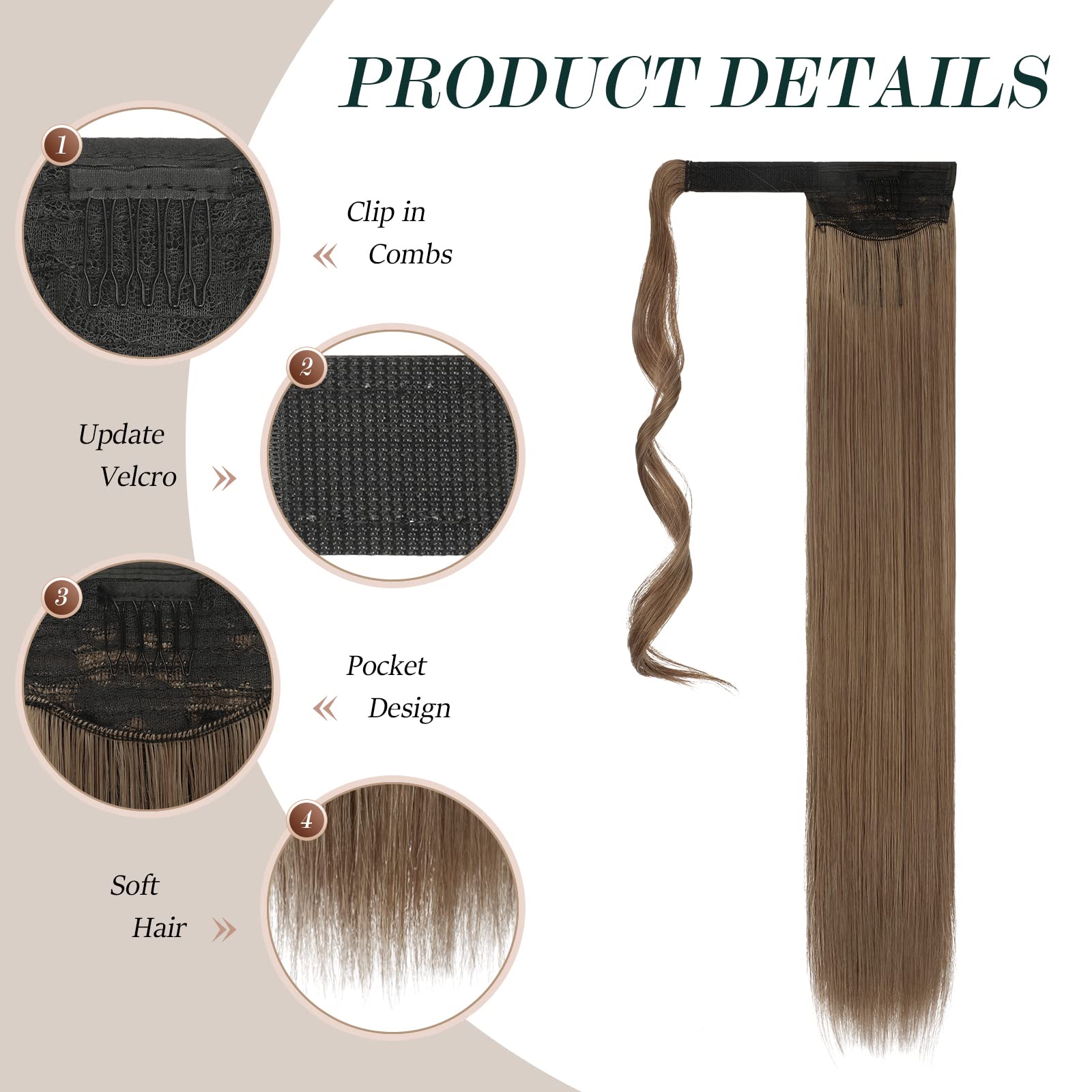 Feshfen Straight Long Ponytail Extensions 28 Inch Wrap Around Synthetic Ponytails Hair Piece Pony Tail Hair Extensions Hairpiece