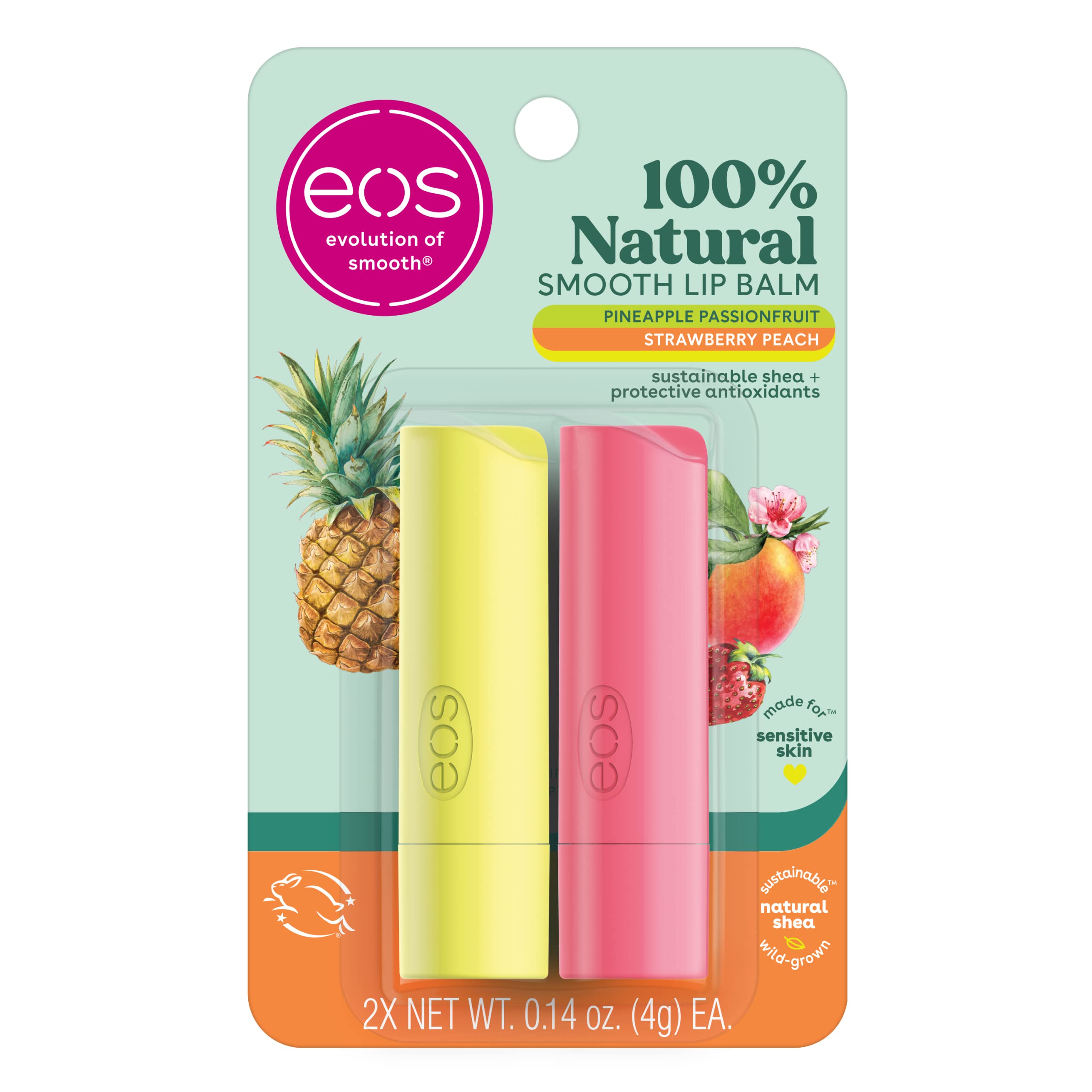 Eos 100% Natural Lip Balm - Strawberry Peach And Pineapple Passionfruit, Dermatologist Recommended, All-Day Moisture, 0.14 Oz, 2
