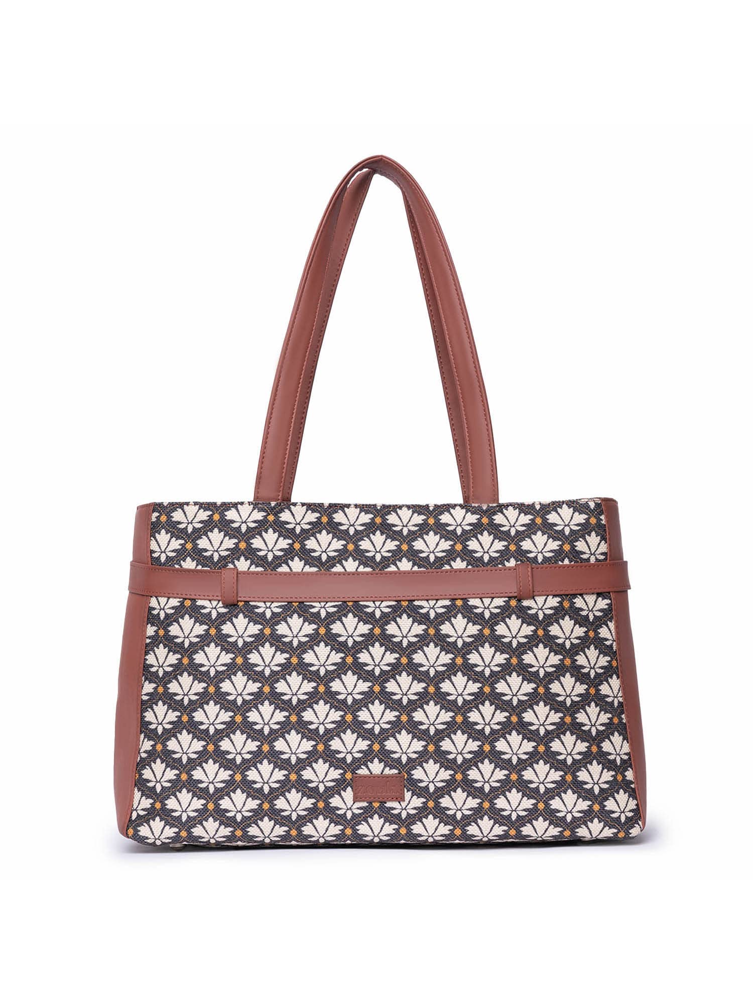 Zouk Bidri Kaiser Motif Printed WomenS Jute Handcrafted Vegan Leather Black And White Statement Office Shoulder Bag