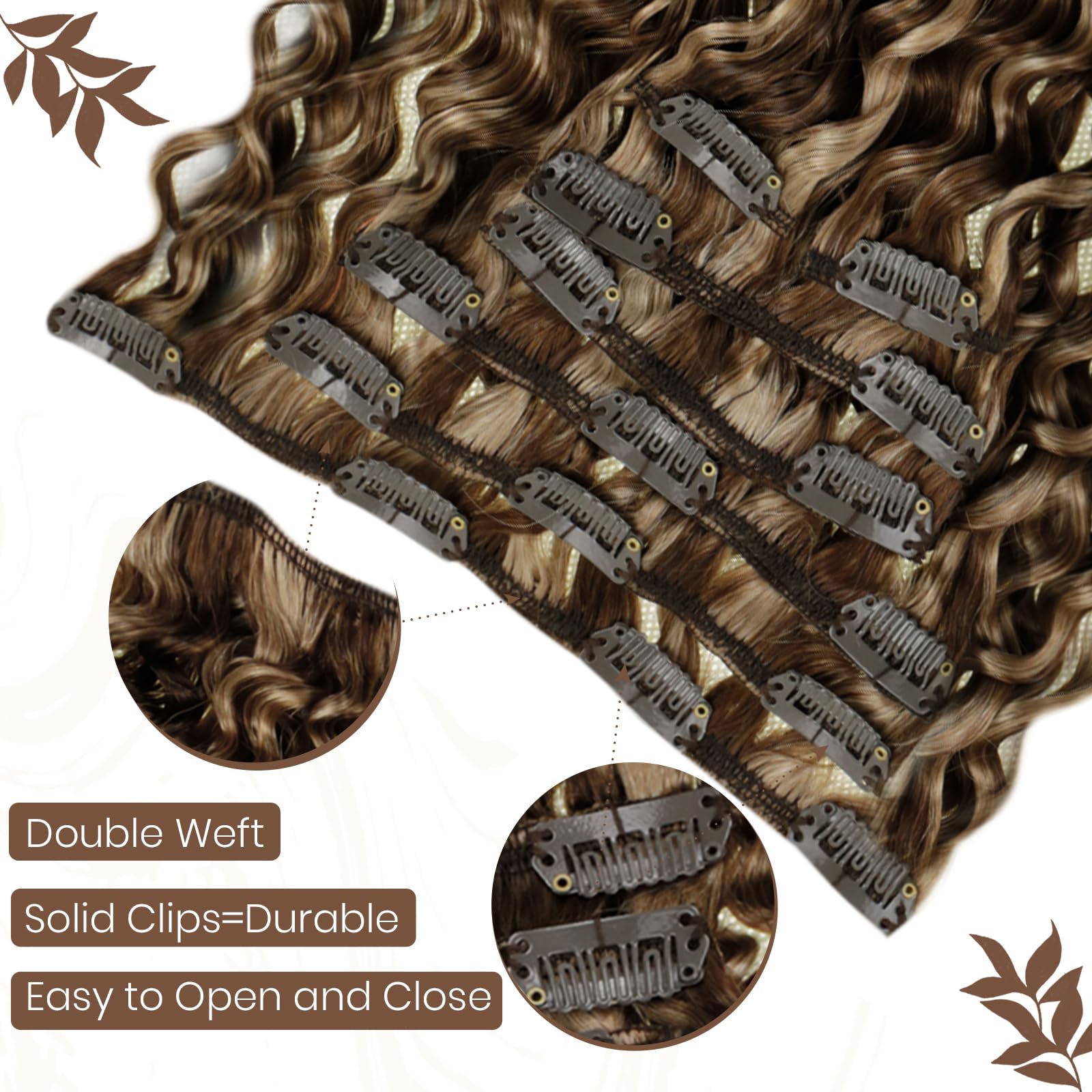 Hetto Curly Clip In Hair Extensions Curly Hair Extensions Water Wavy Human Hair Extensions Clip In #4/27 Brown Highlighted Blond