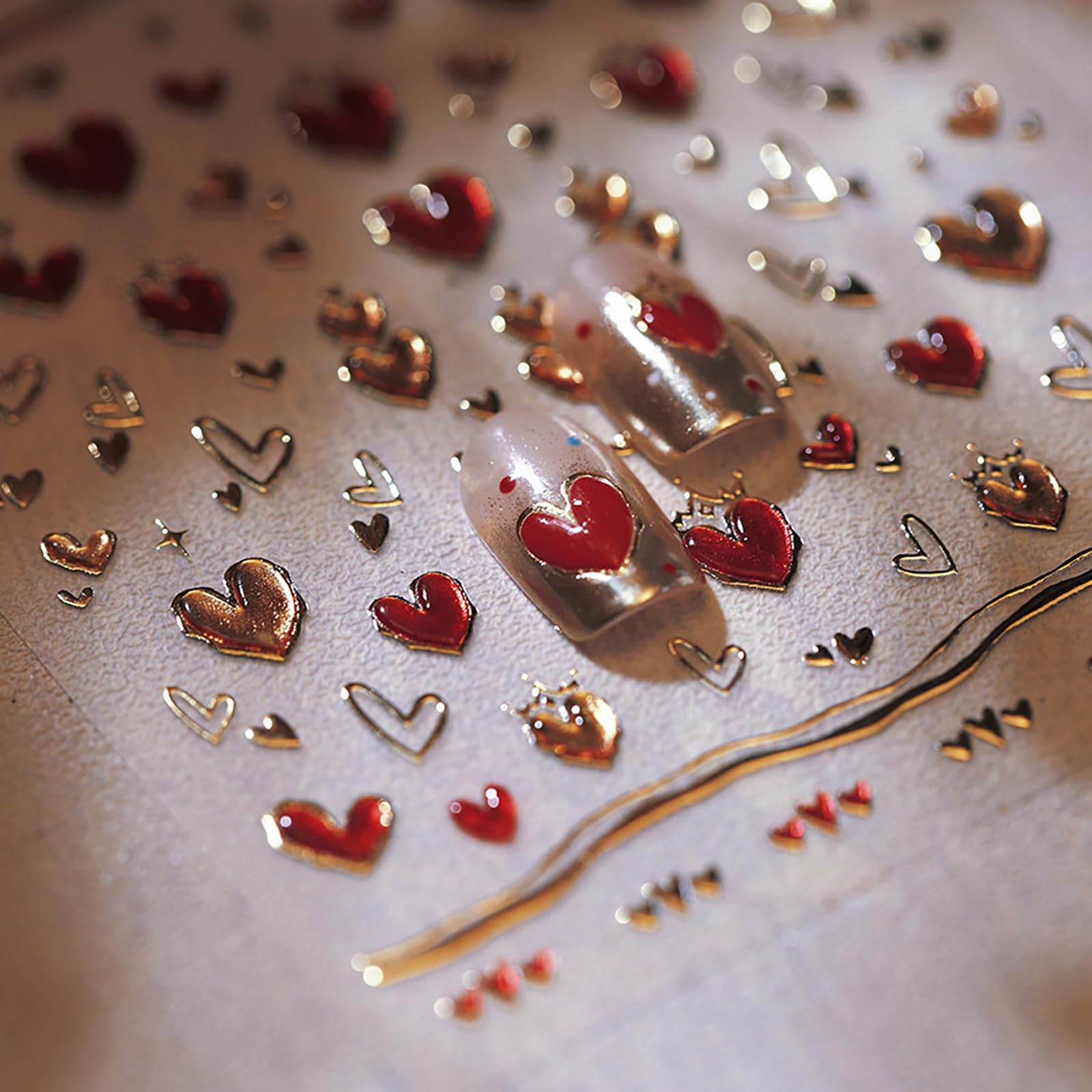 Valentine'S Day Nail Art Stickers Decals Romantic Golden Red Heart Nail Stickers Exquisite Red Heart Design Valentine'S Day 5D E