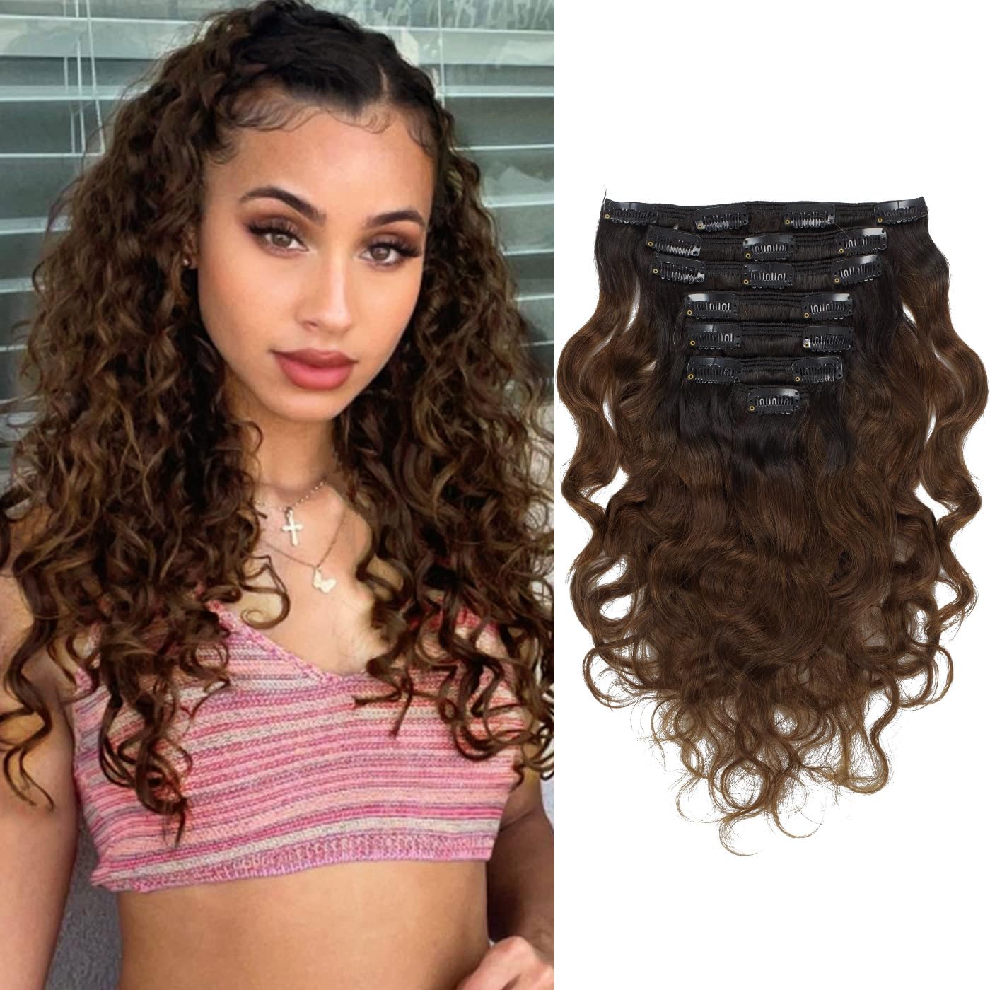 Loxxy Clip in Human Hair Extensions Natural Wave and Natural Color Virgin Remy Human Hair Extensions Off Black to Dark Brown 22i