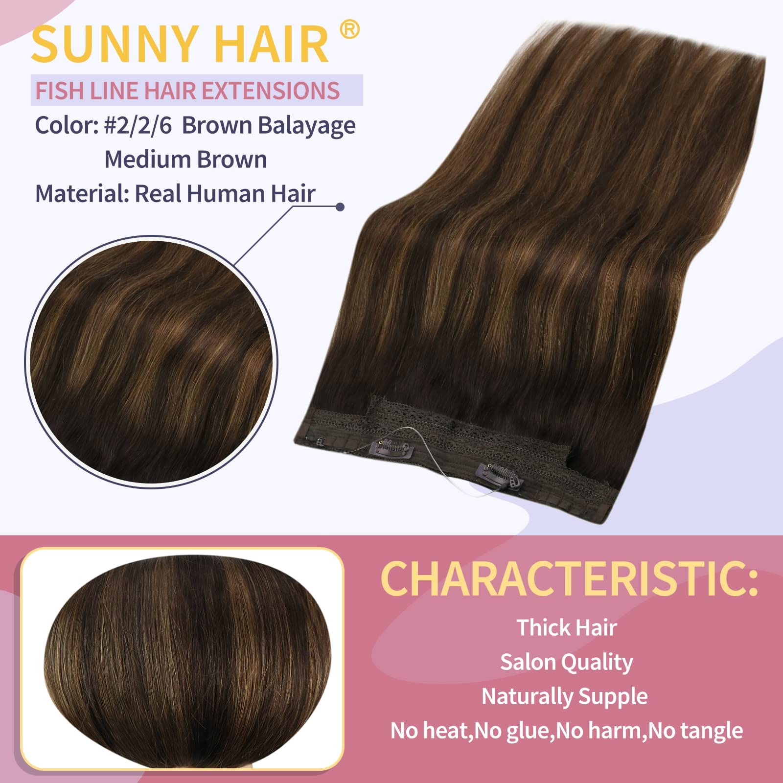 Sunny Wire Human Hair Extensions Brown Ombre Fishing Line Hair Extensions Balayage Dark Brown To Chestnut Brown Mix Brown Wire H