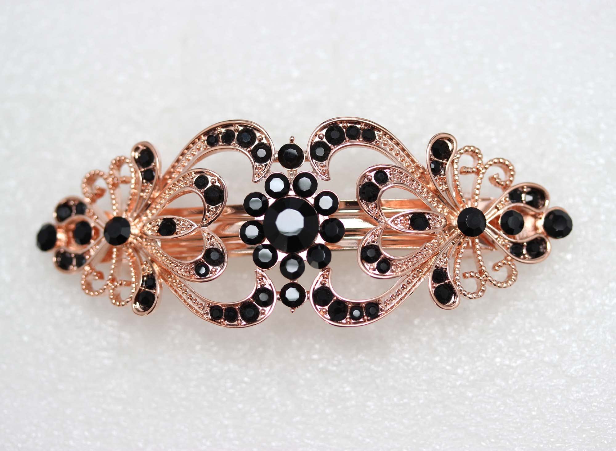 Faship Black Crystal Rose Gold Plated Hearts And Floral Hair Barrette