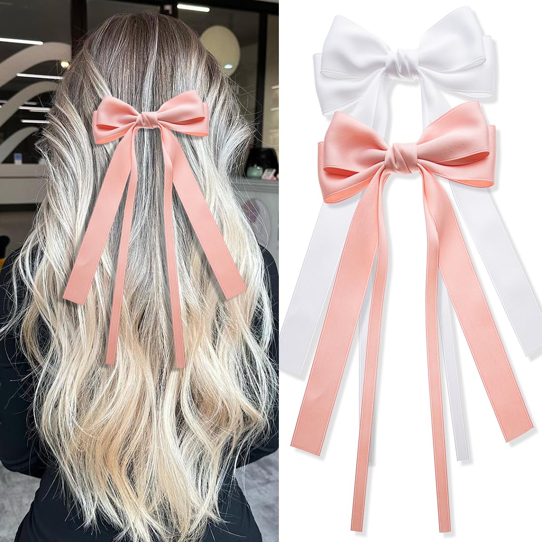 Large Hair Bows 2 PCS Ribbon Bow for Women,Hair Bows for Women,Oversized Long-tail Cute Aesthetic Hair Accessories,Large Hair Ba
