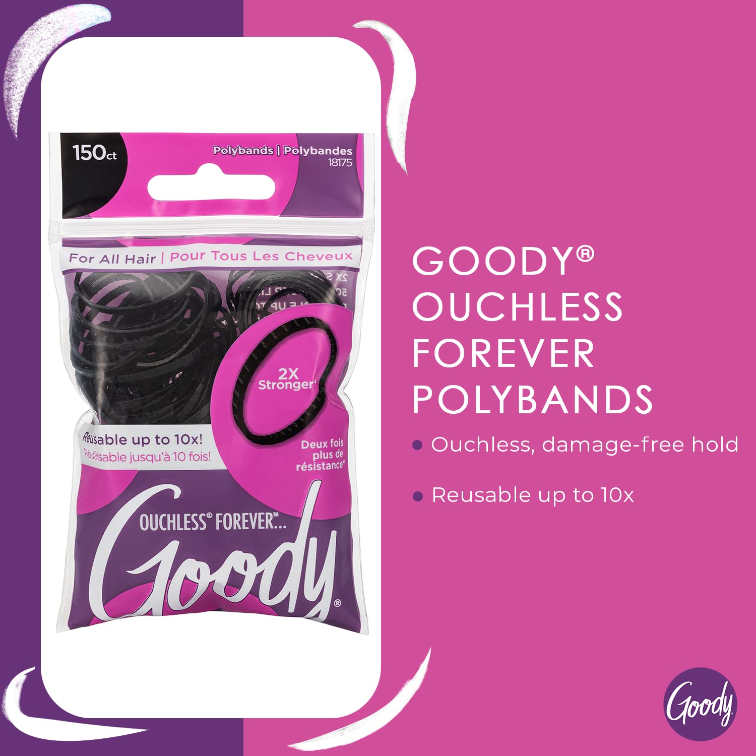 Goody Ouchless Womens Polyband Elastic Hair Tie - 150 Count, Black - Fine Hair - Hair Accessories To Style With Ease And Keep Yo