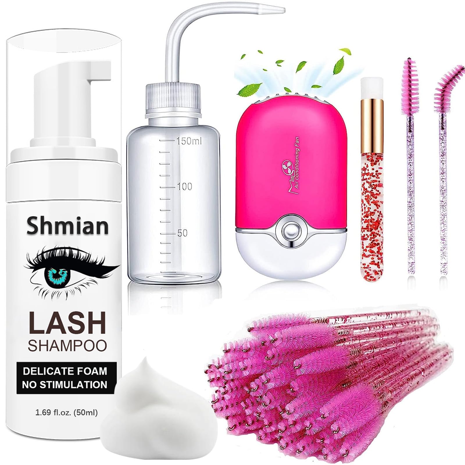Shmian Lash Shampoo for Lash Extensions, Lash Fan 50ml Eyelash Foam cleanser with 50 Pcs Eyelash Brush and Rinse Bottle Oil Free