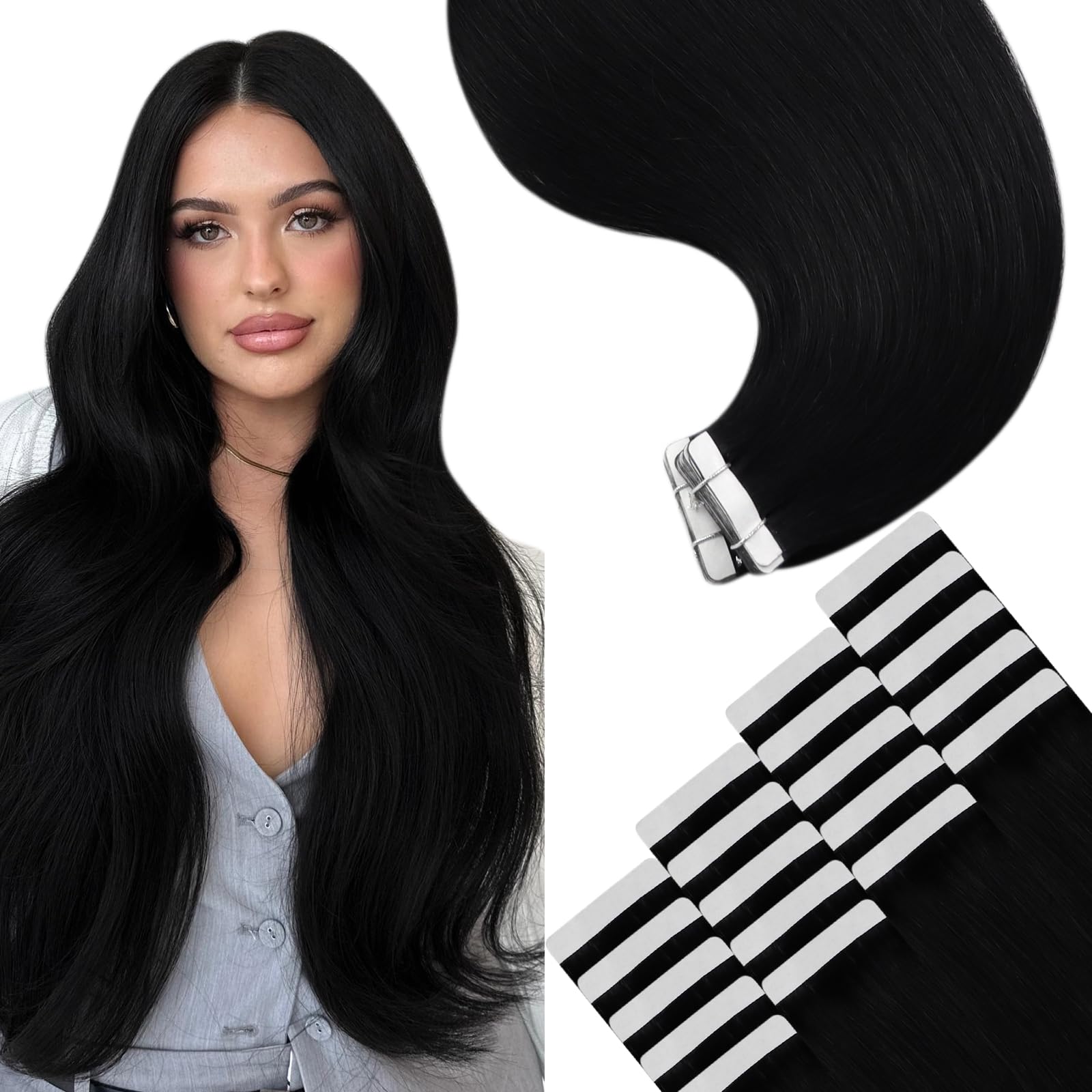 YoungSee 28 Inch Tape in Hair Extensions Human Hair Black Tape in Extensions Real Human Hair Jet Black for Long Hair 50g Tape in