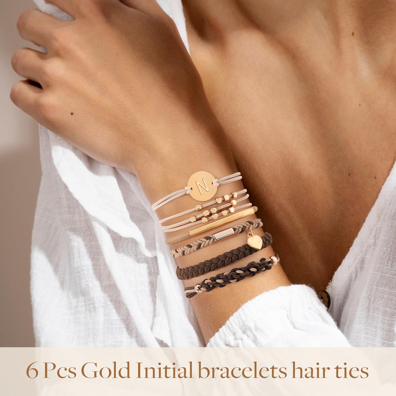 6 Pcs Hair Bracelets For Women, Letter Boho Hair Ties For Thick & Thin Hair, Gold Initial Bracelet Sets, Dual-Use Stretch Bracel