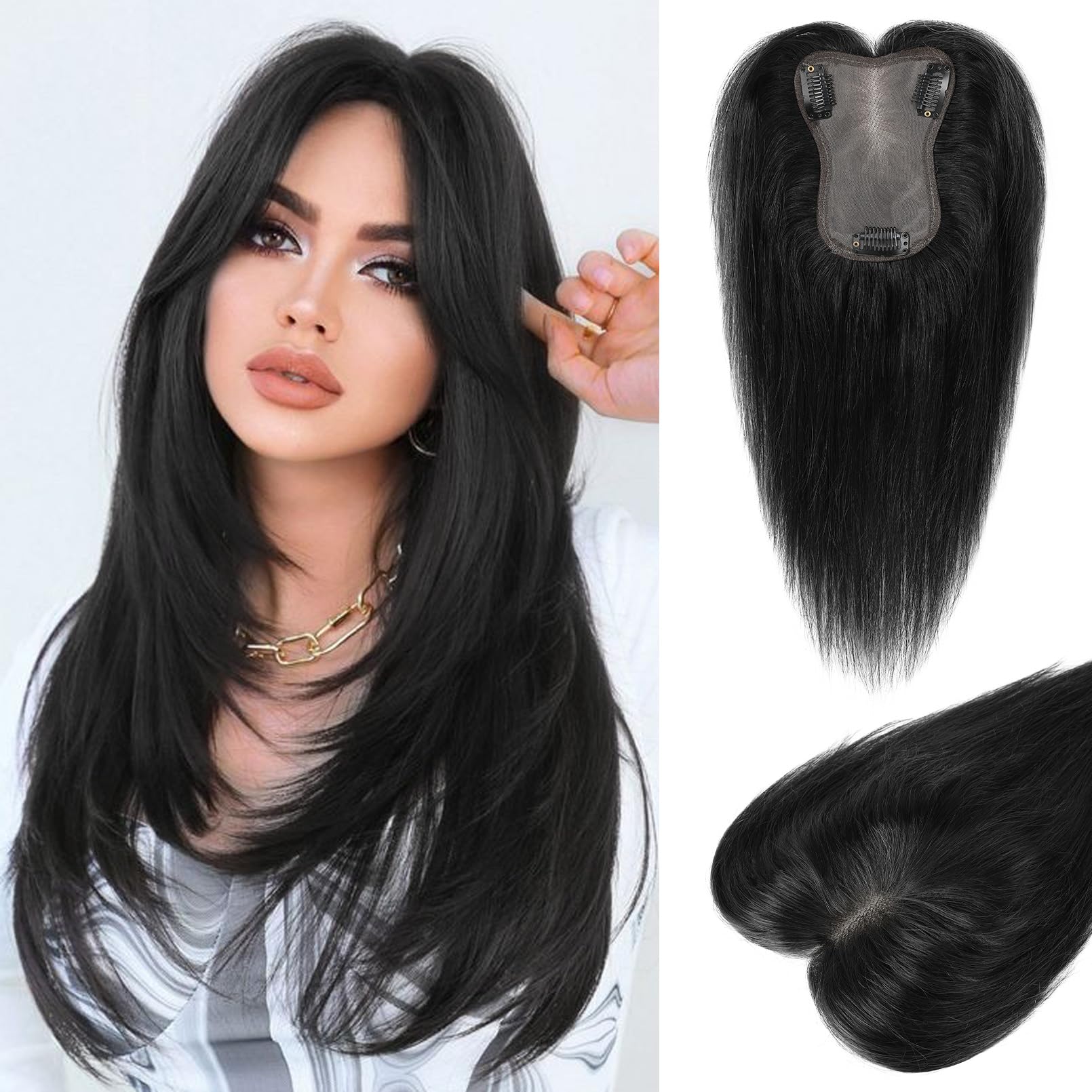 LONAI Real Human Hair Topper, 10 Inch 100% Human Hair Toppers for Thinning Hair, Large Hand-woven area Coverage Natural Hairpiec