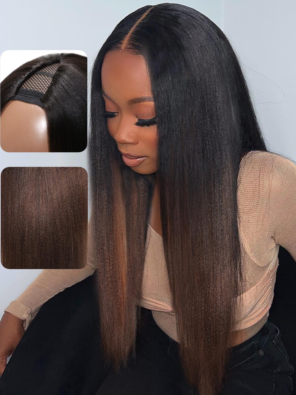 Unice Easicontour V Part Wigs Human Hair Yaki Straight Glueless Wigs Human Hair Clip In Vpart Wig No Sew In No Glue Ombre Chestn