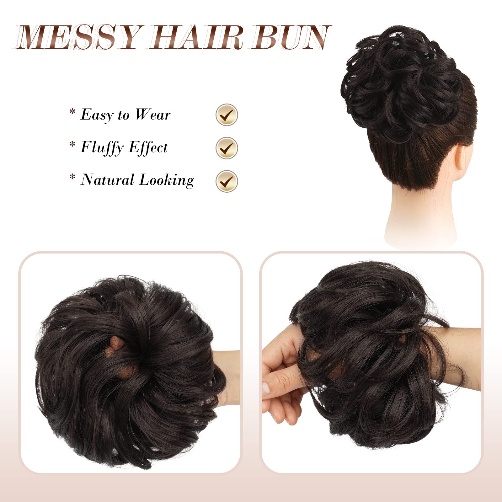 Feshfen Messy Bun Hair Piece Hair Bun Scrunchies Synthetic Medium Brown Wavy Curly Chignon Ponytail Hair Extensions Thick Updo H